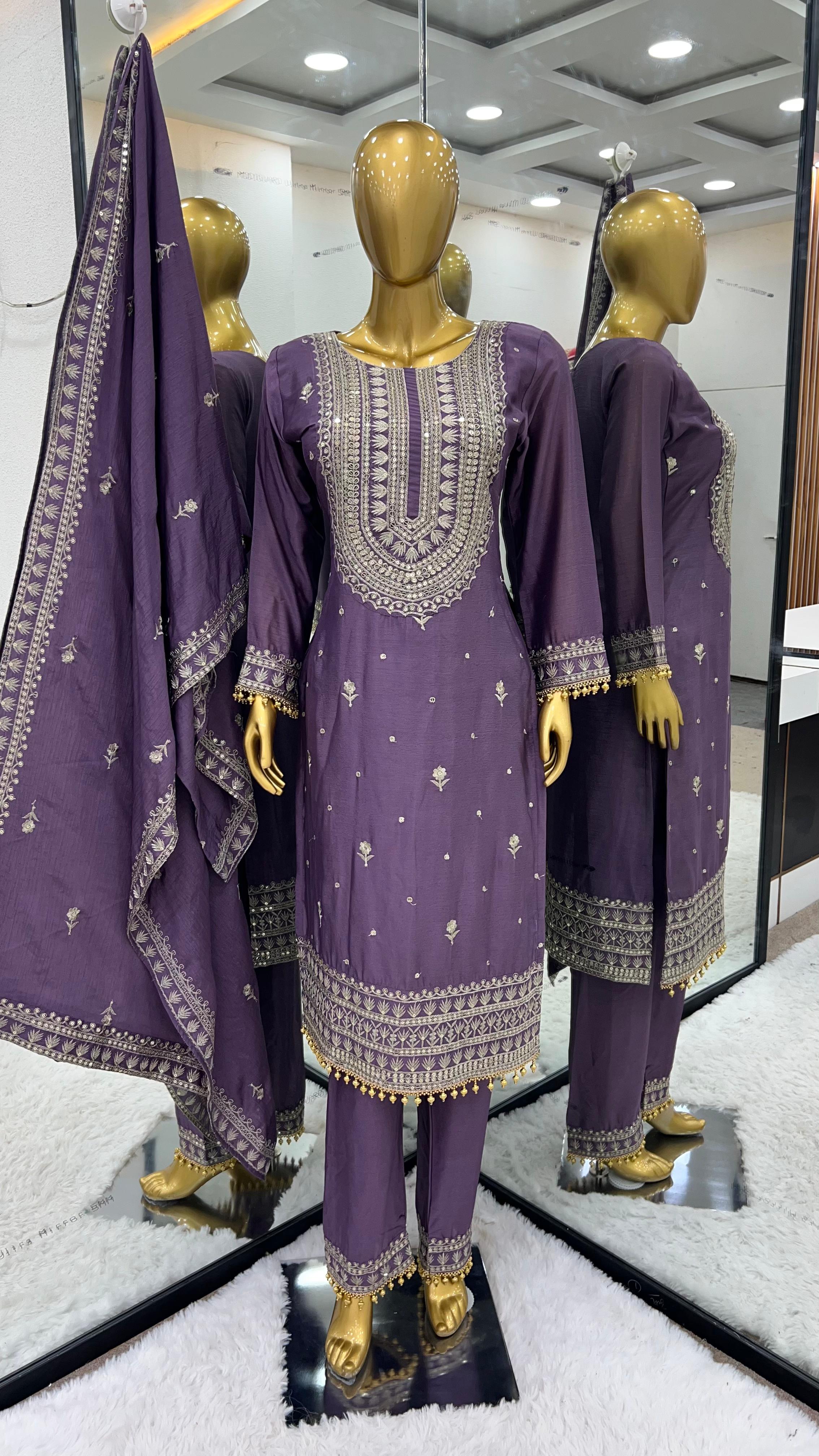 Marriage Special Purple Color Chinnon Silk Embroidery Salwar Suit