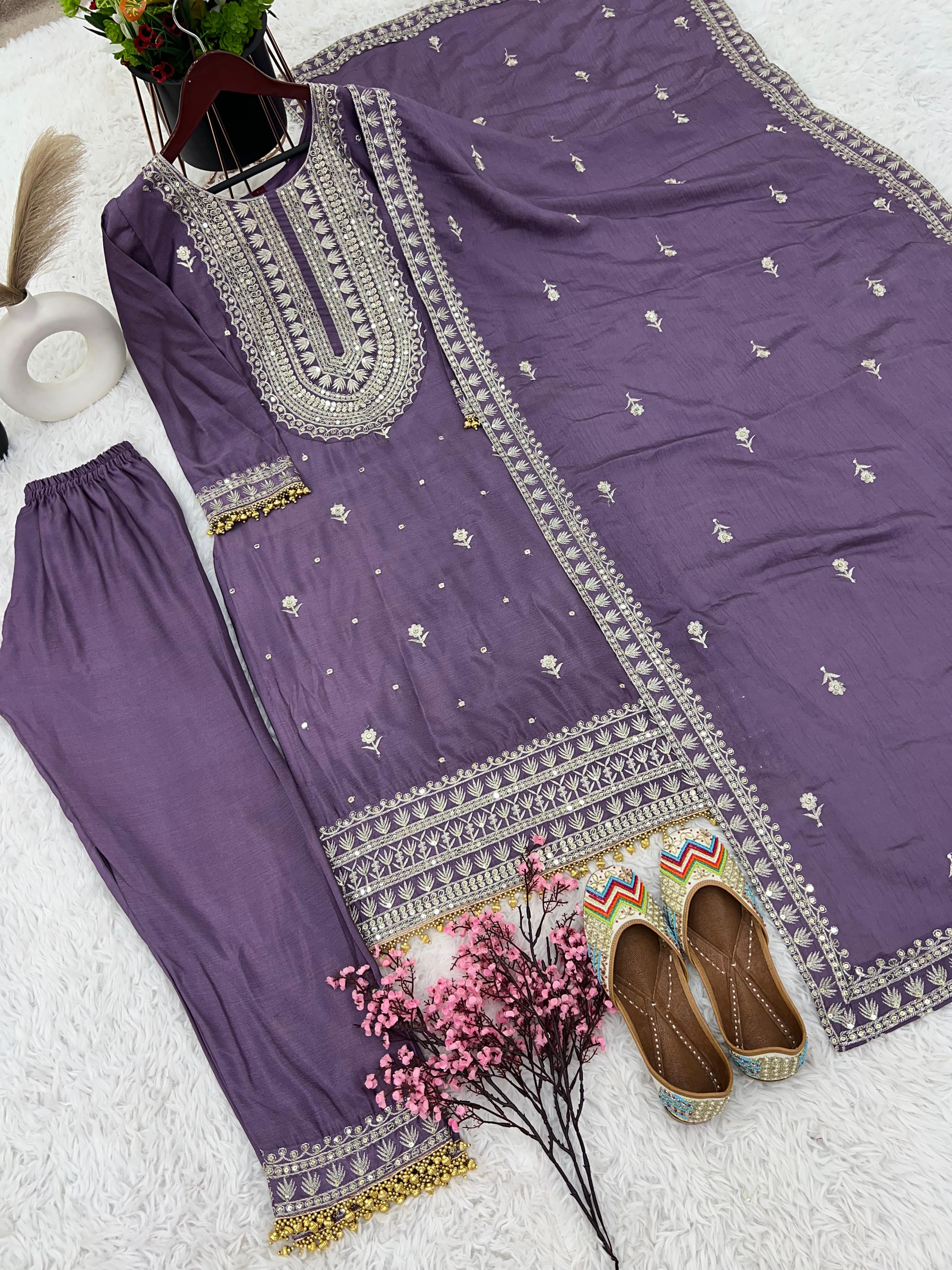 Marriage Special Purple Color Chinnon Silk Embroidery Salwar Suit