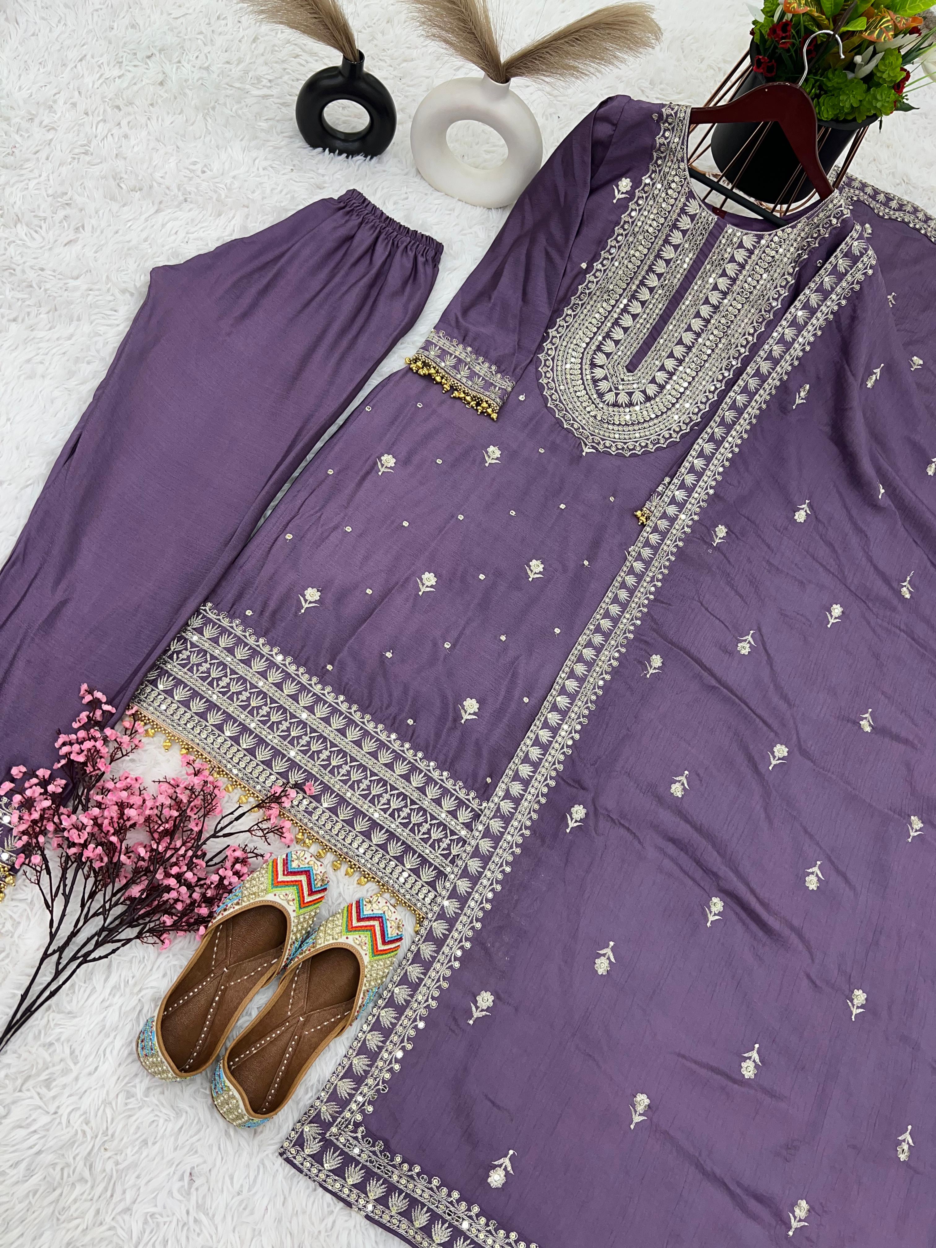 Marriage Special Purple Color Chinnon Silk Embroidery Salwar Suit