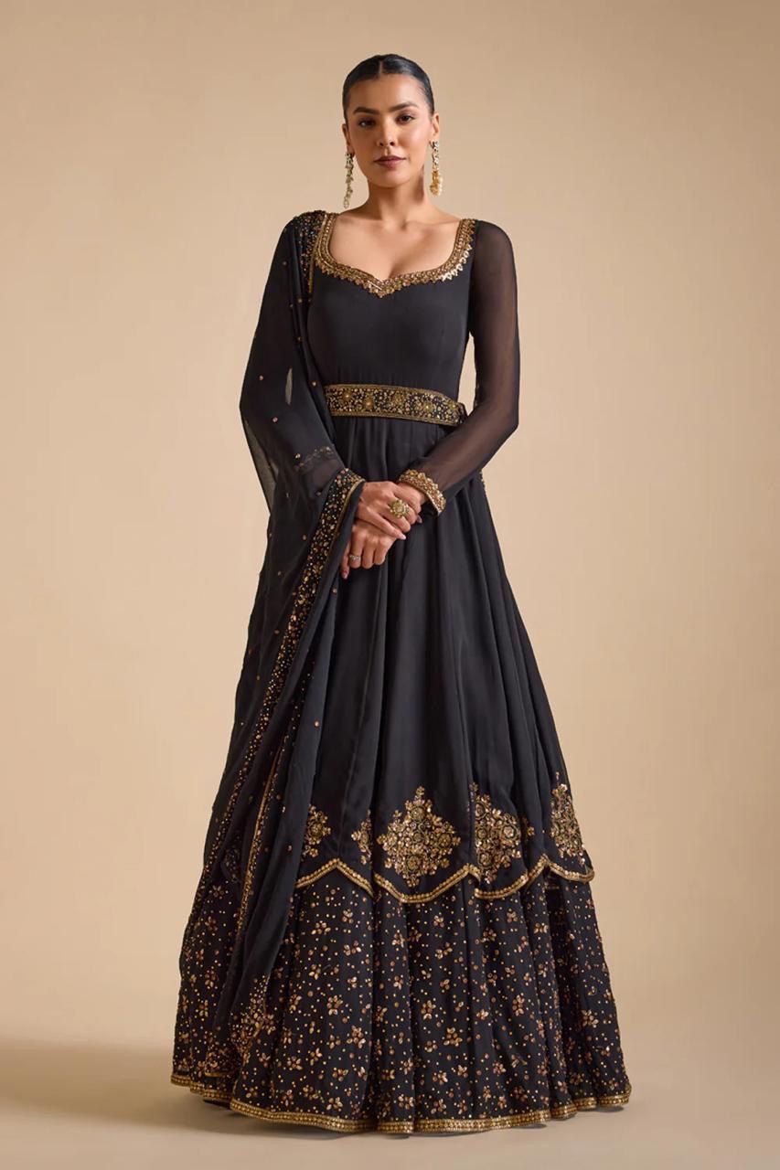 Beautiful Unique Black Color Thread Work Designer Gown With Dupatta