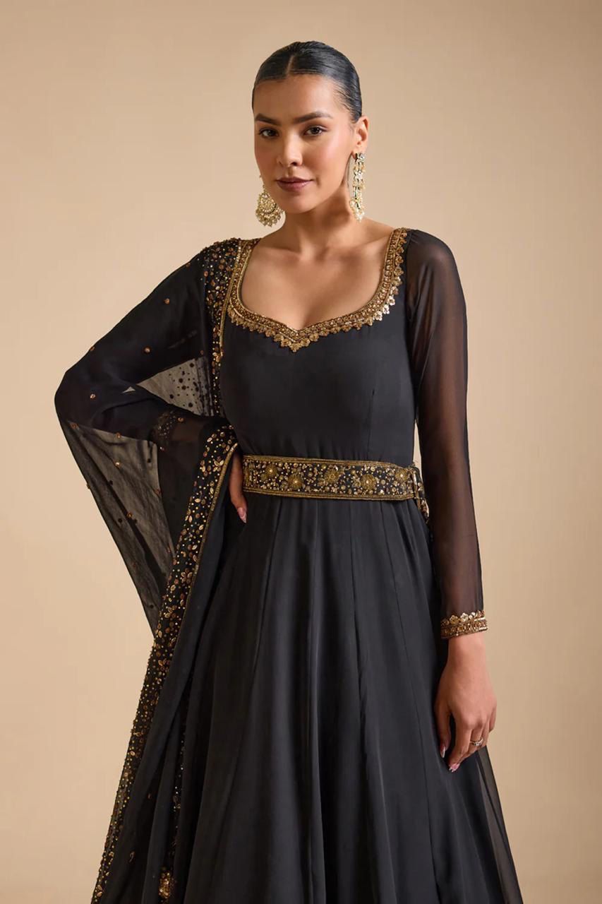 Beautiful Unique Black Color Thread Work Designer Gown With Dupatta