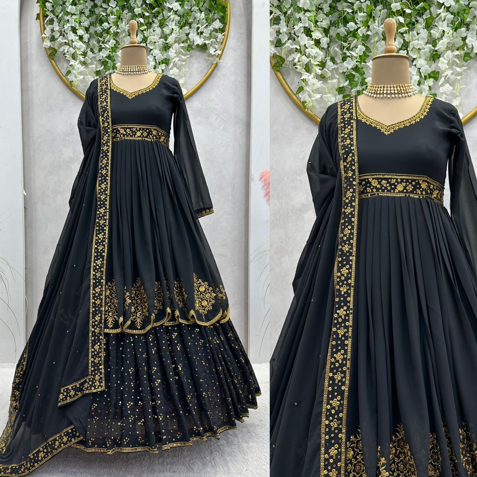 Beautiful Unique Black Color Thread Work Designer Gown With Dupatta