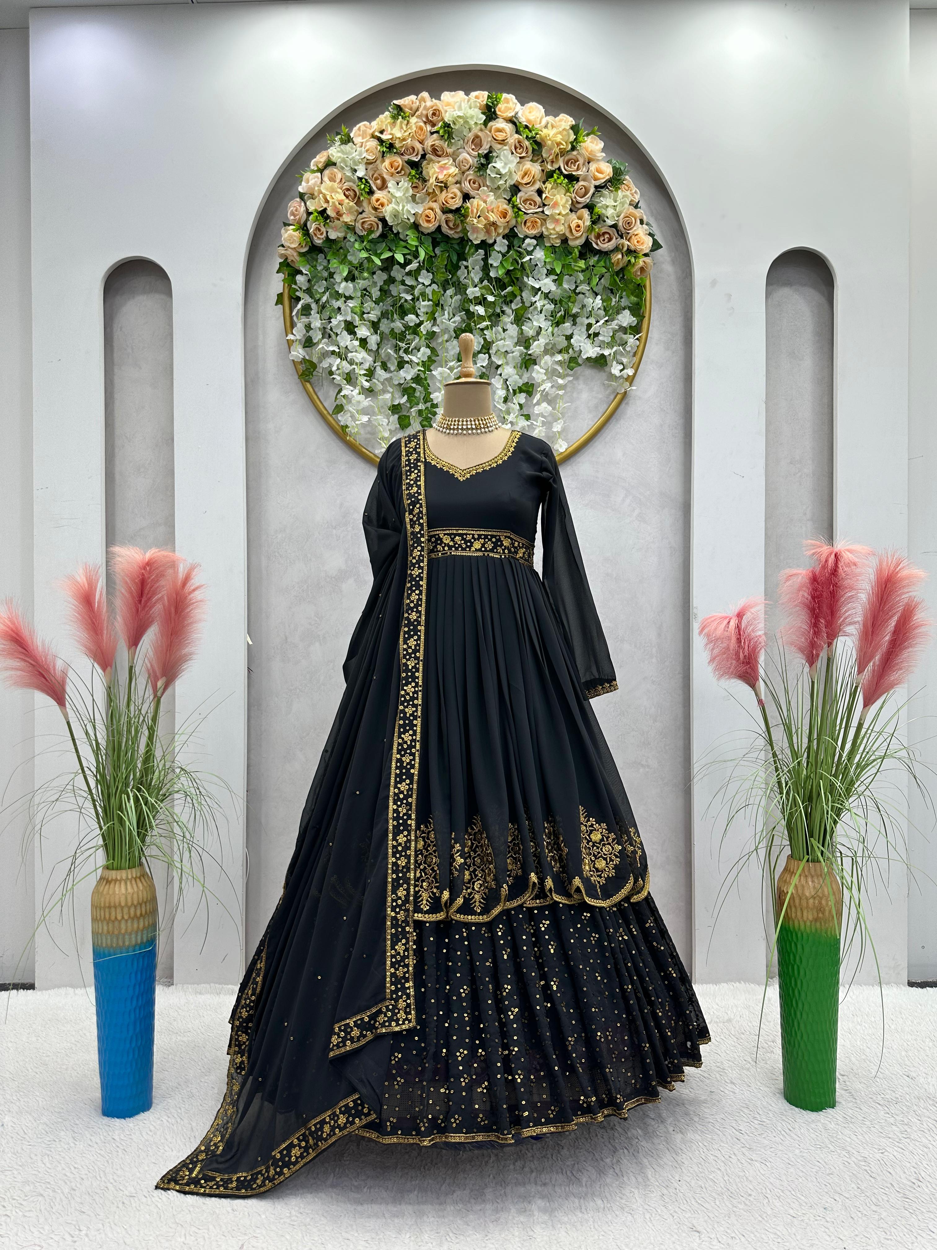 Beautiful Unique Black Color Thread Work Designer Gown With Dupatta