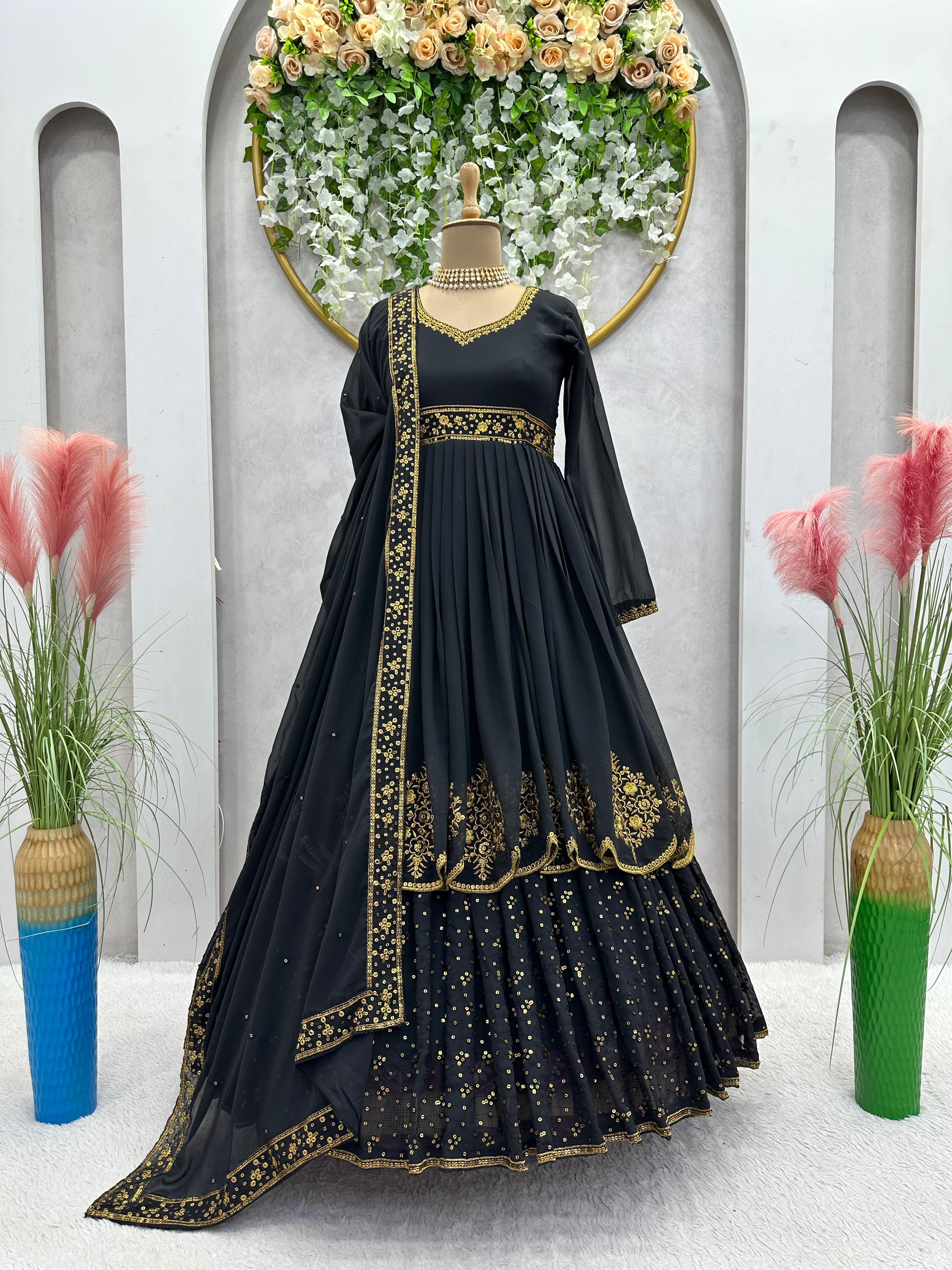 Beautiful Unique Black Color Thread Work Designer Gown With Dupatta