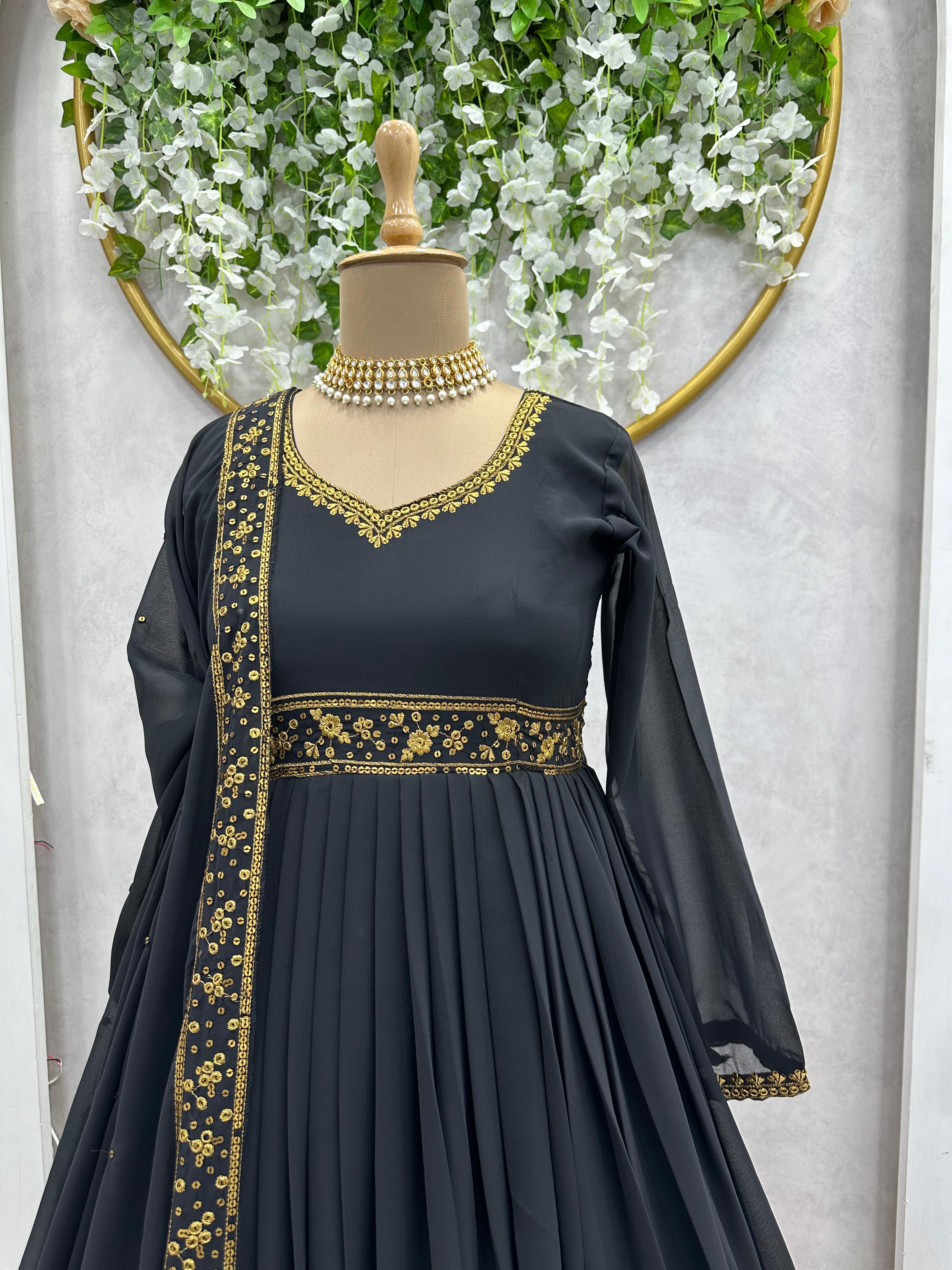 Beautiful Unique Black Color Thread Work Designer Gown With Dupatta