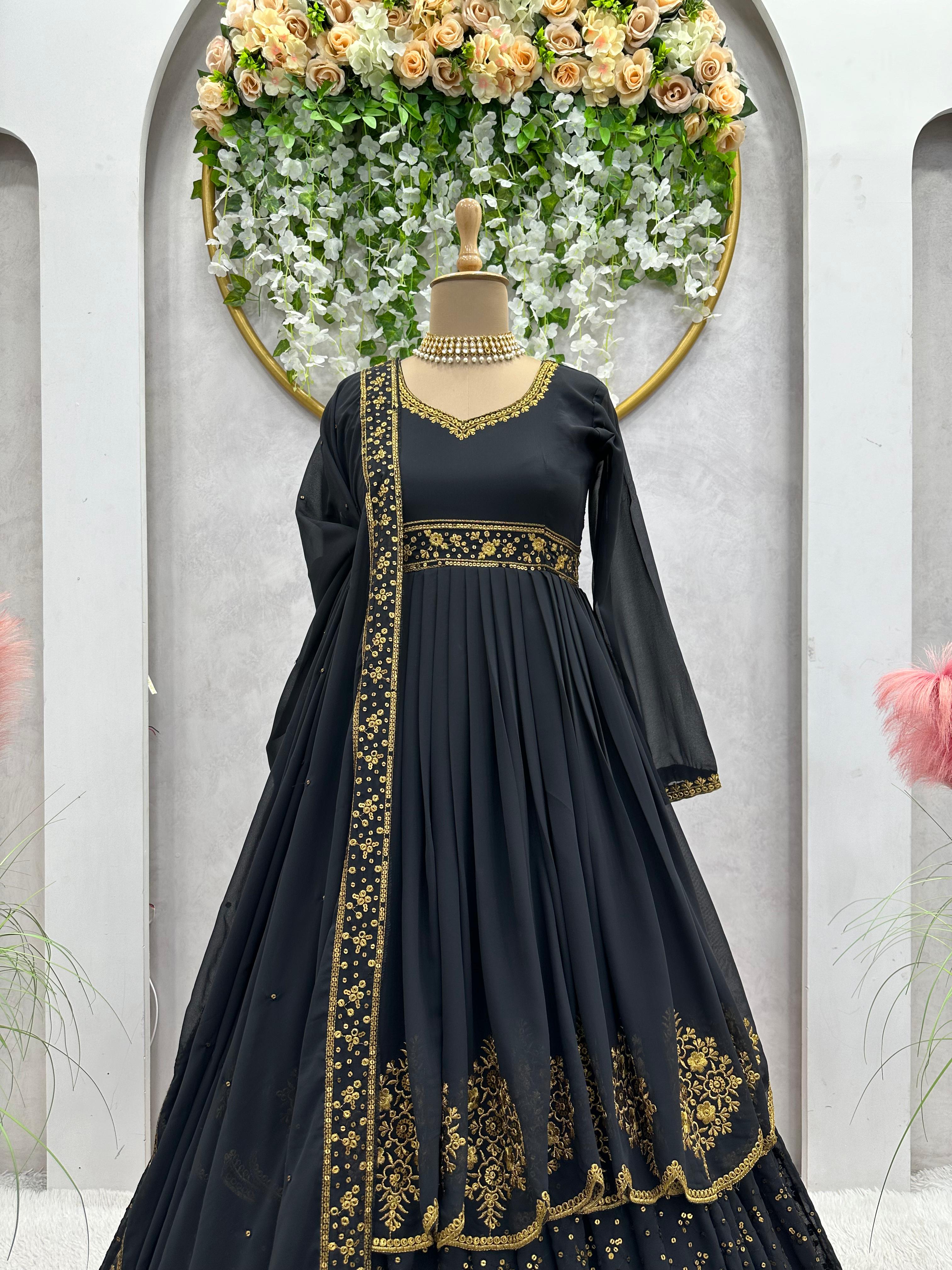 Beautiful Unique Black Color Thread Work Designer Gown With Dupatta