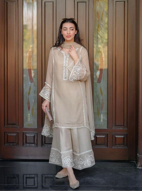 Exclusive Beige Color Heavy Fuax Georgette Plazzo Pent Suit