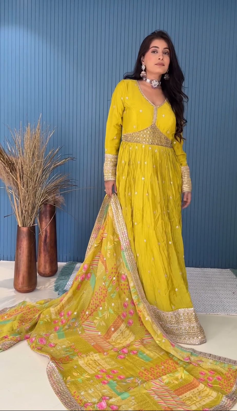 Classic Pure Chinon Silk Haldi Special Yellow Color Designer Gown