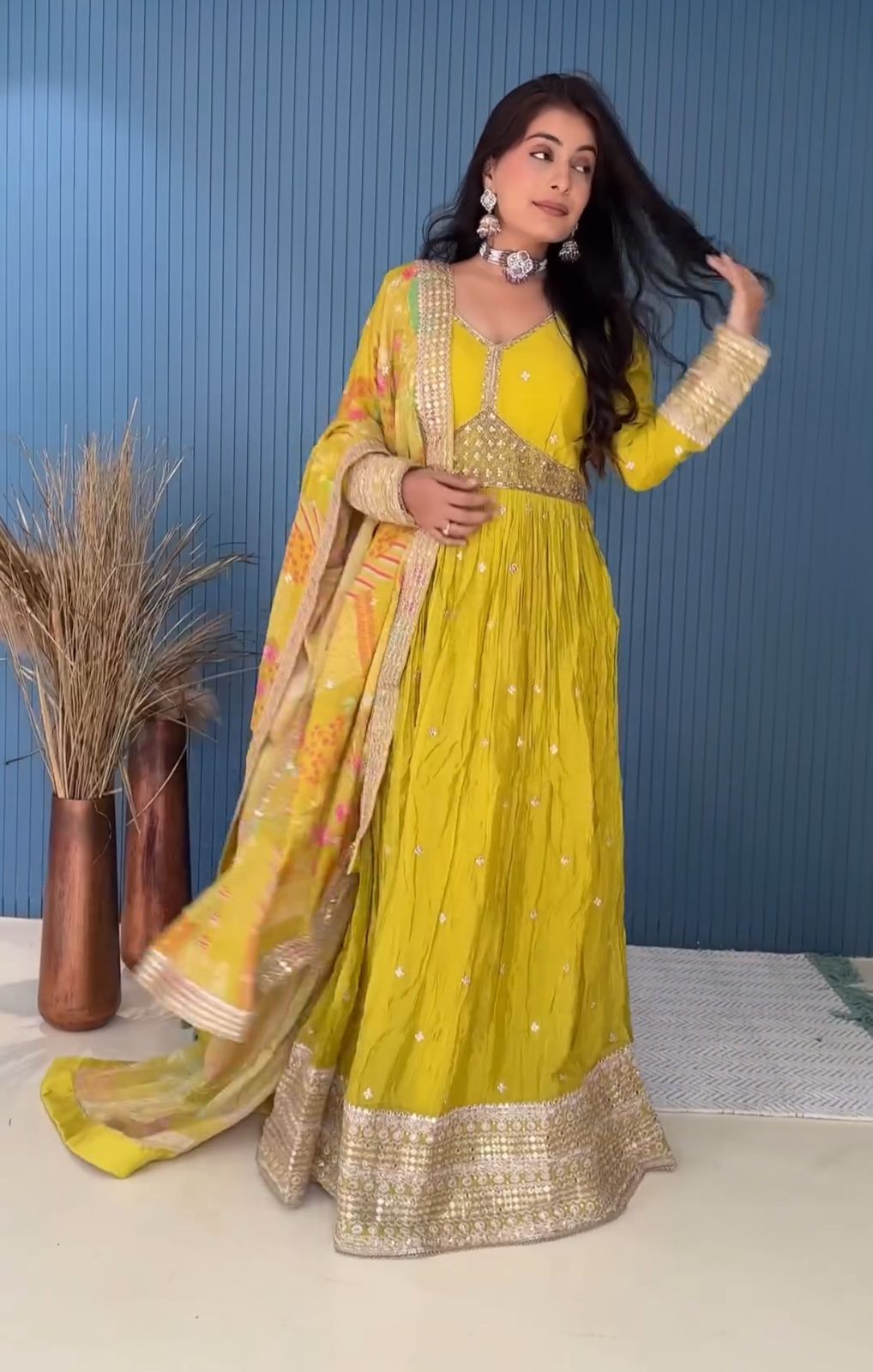 Classic Pure Chinon Silk Haldi Special Yellow Color Designer Gown