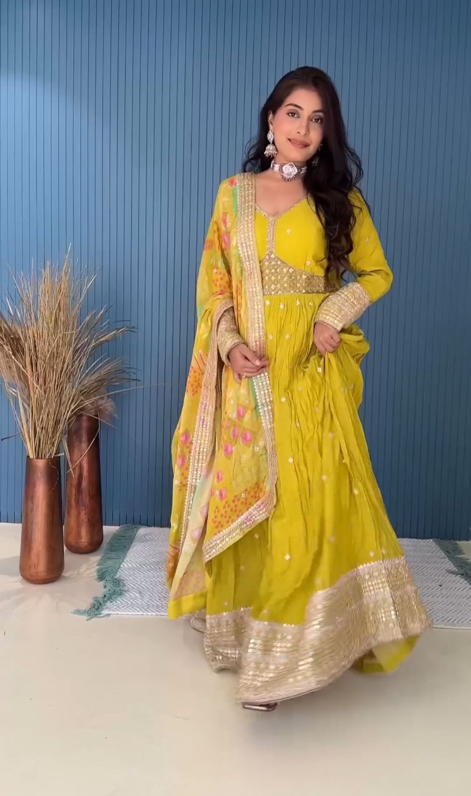 Classic Pure Chinon Silk Haldi Special Yellow Color Designer Gown