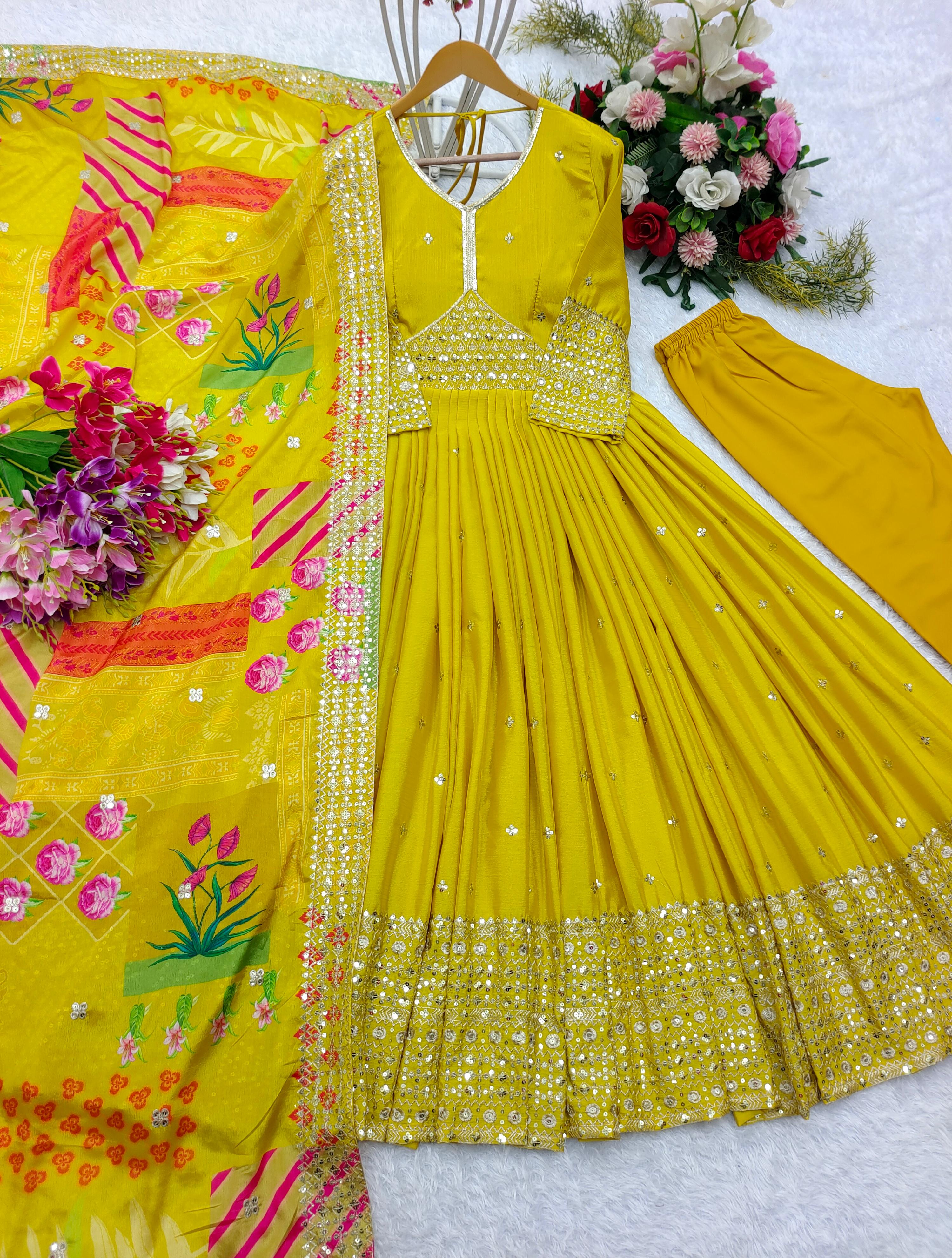 Classic Pure Chinon Silk Haldi Special Yellow Color Designer Gown