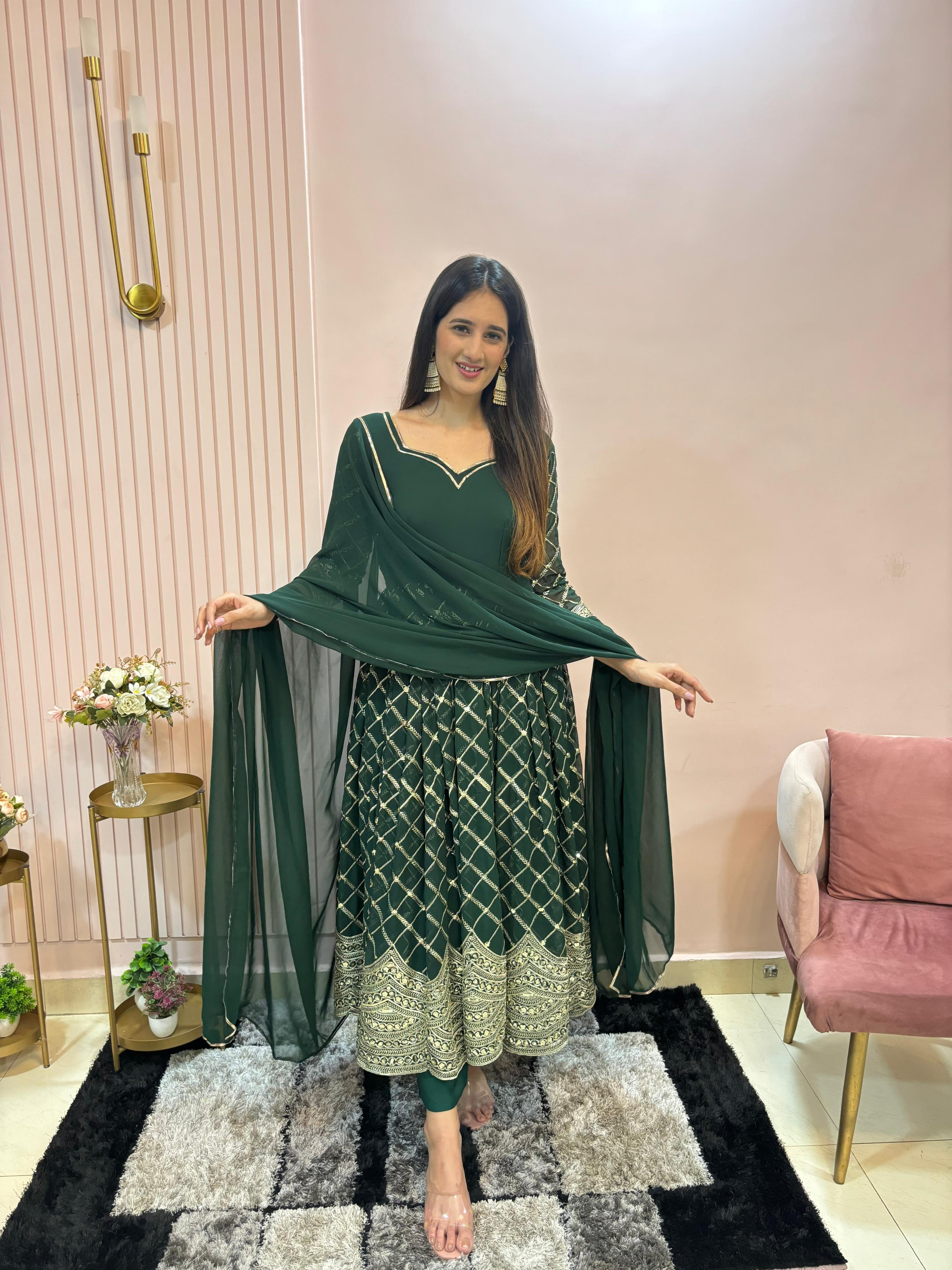 Latest Designer Heavy Faux Georgette Green Color Anarkali Suit