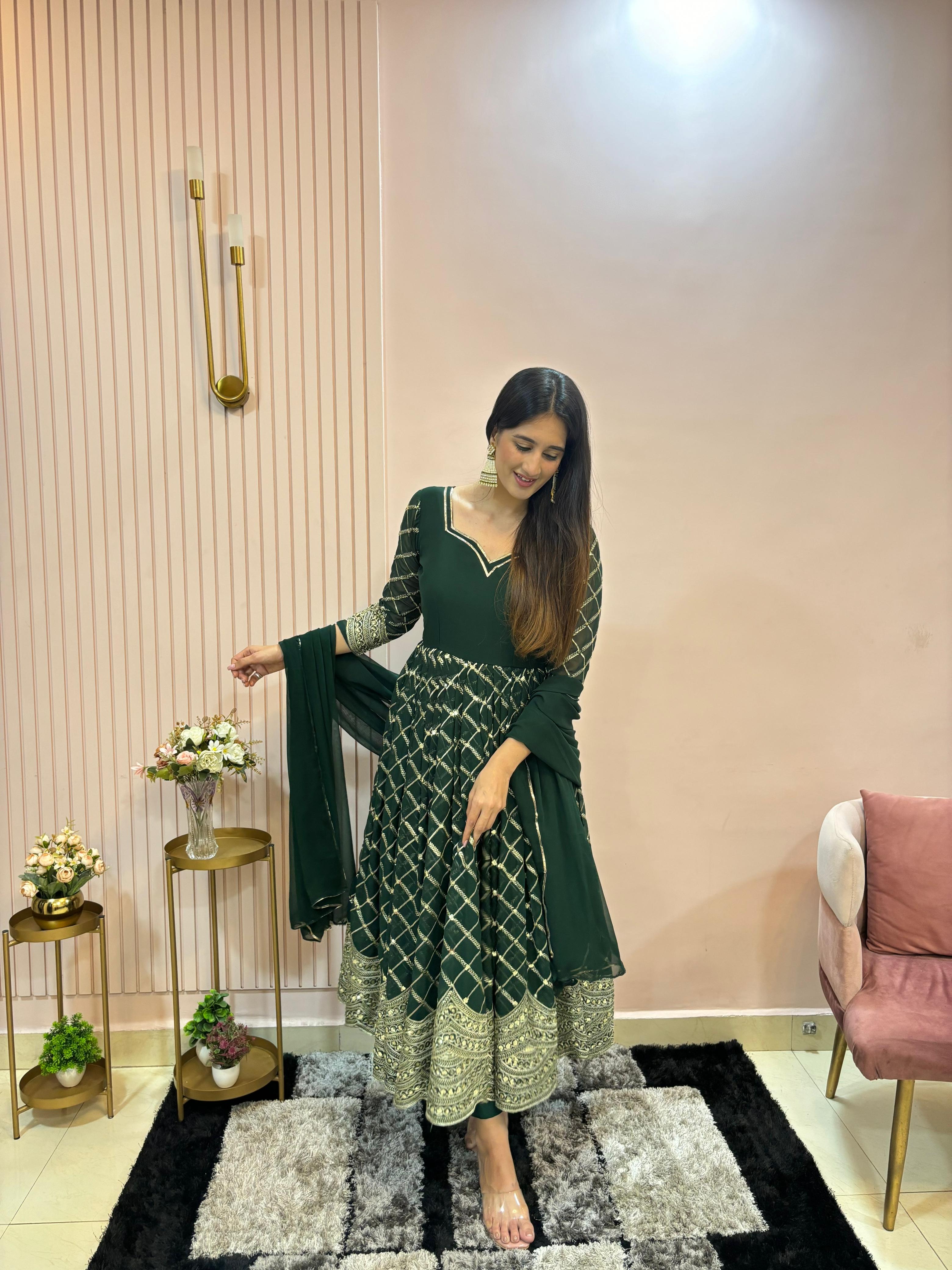 Latest Designer Heavy Faux Georgette Green Color Anarkali Suit