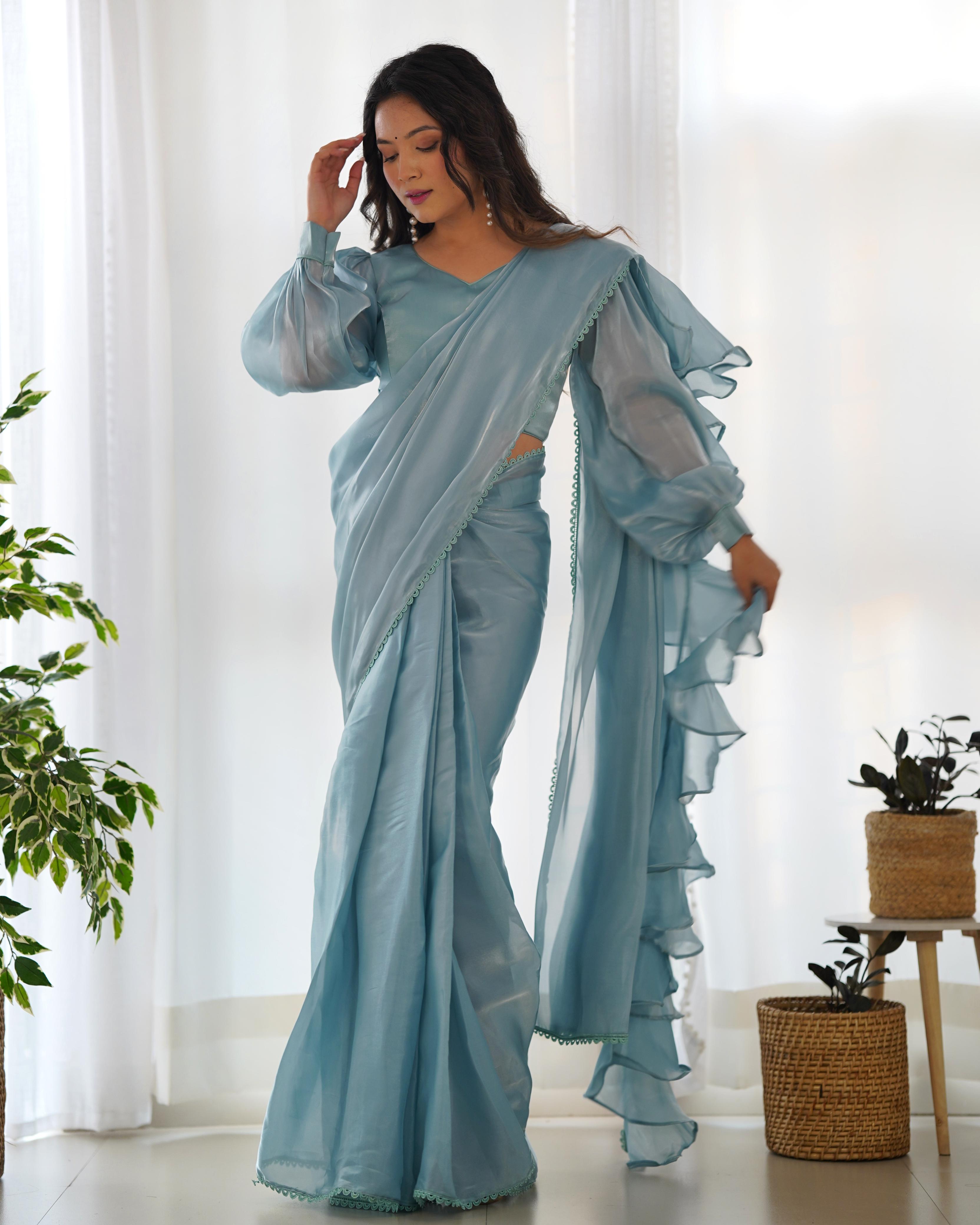 Sky Blue Organza Party Wear Ready To Wear Saree With Stich Blouse