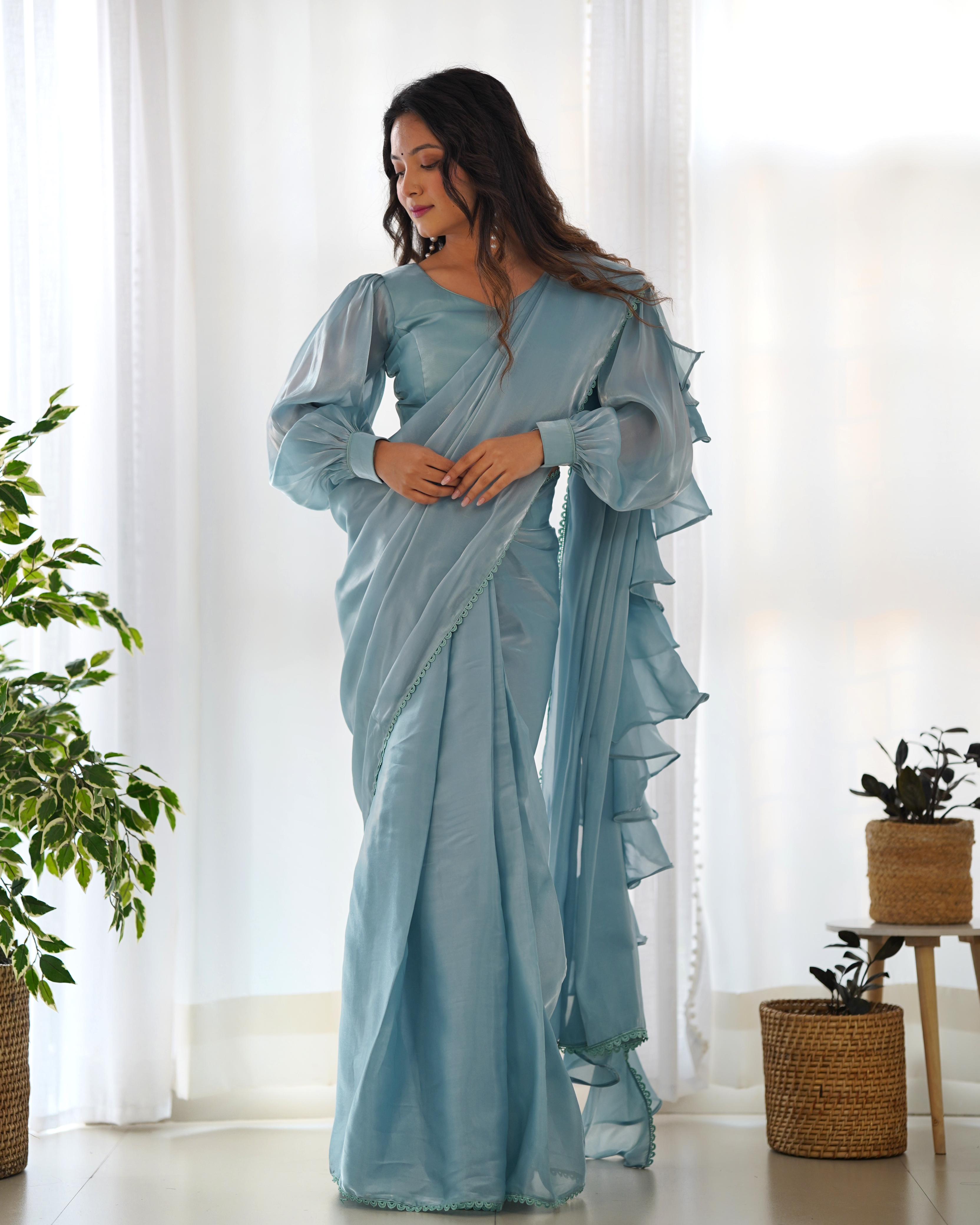 Sky Blue Organza Party Wear Ready To Wear Saree With Stich Blouse