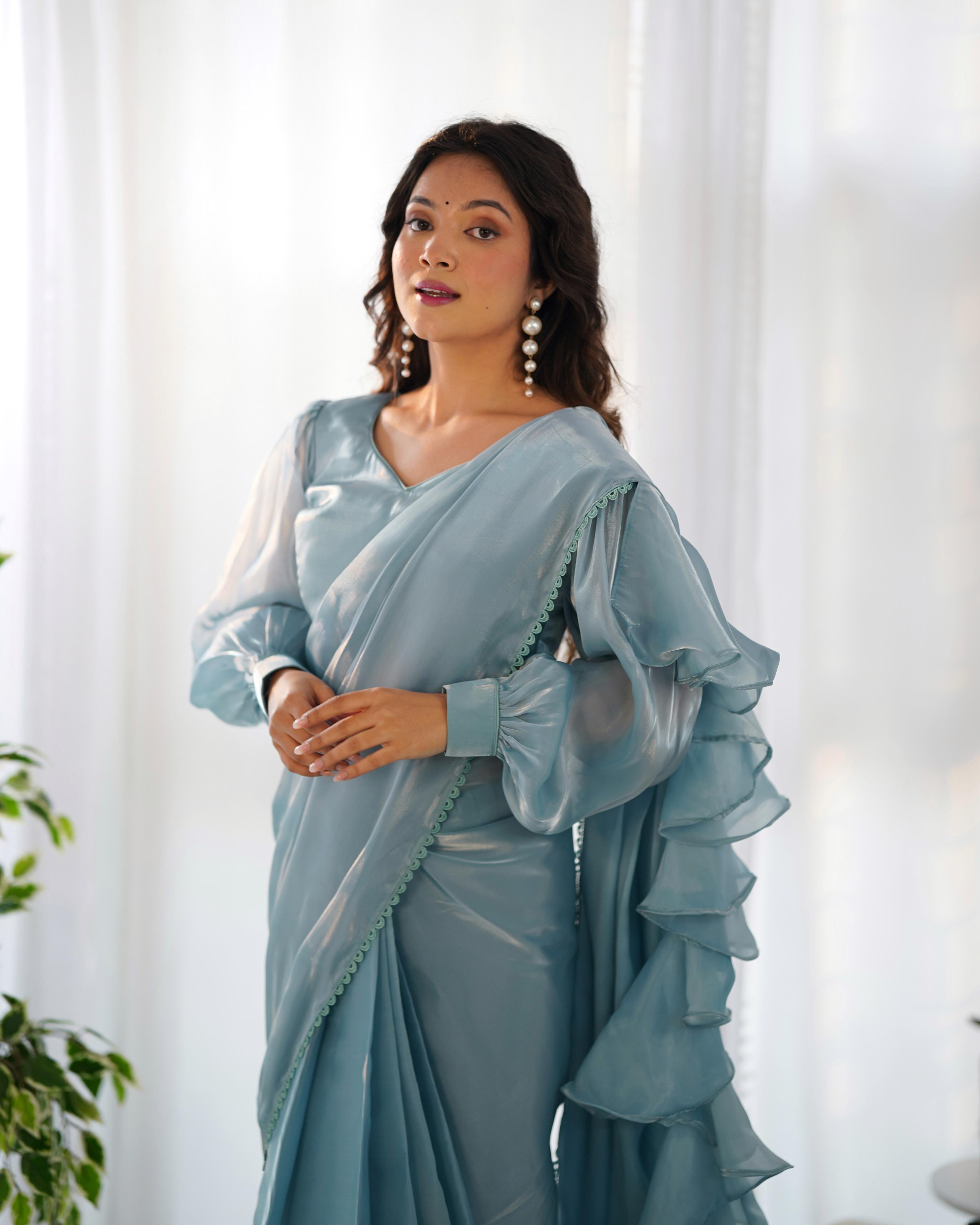 Sky Blue Organza Party Wear Ready To Wear Saree With Stich Blouse