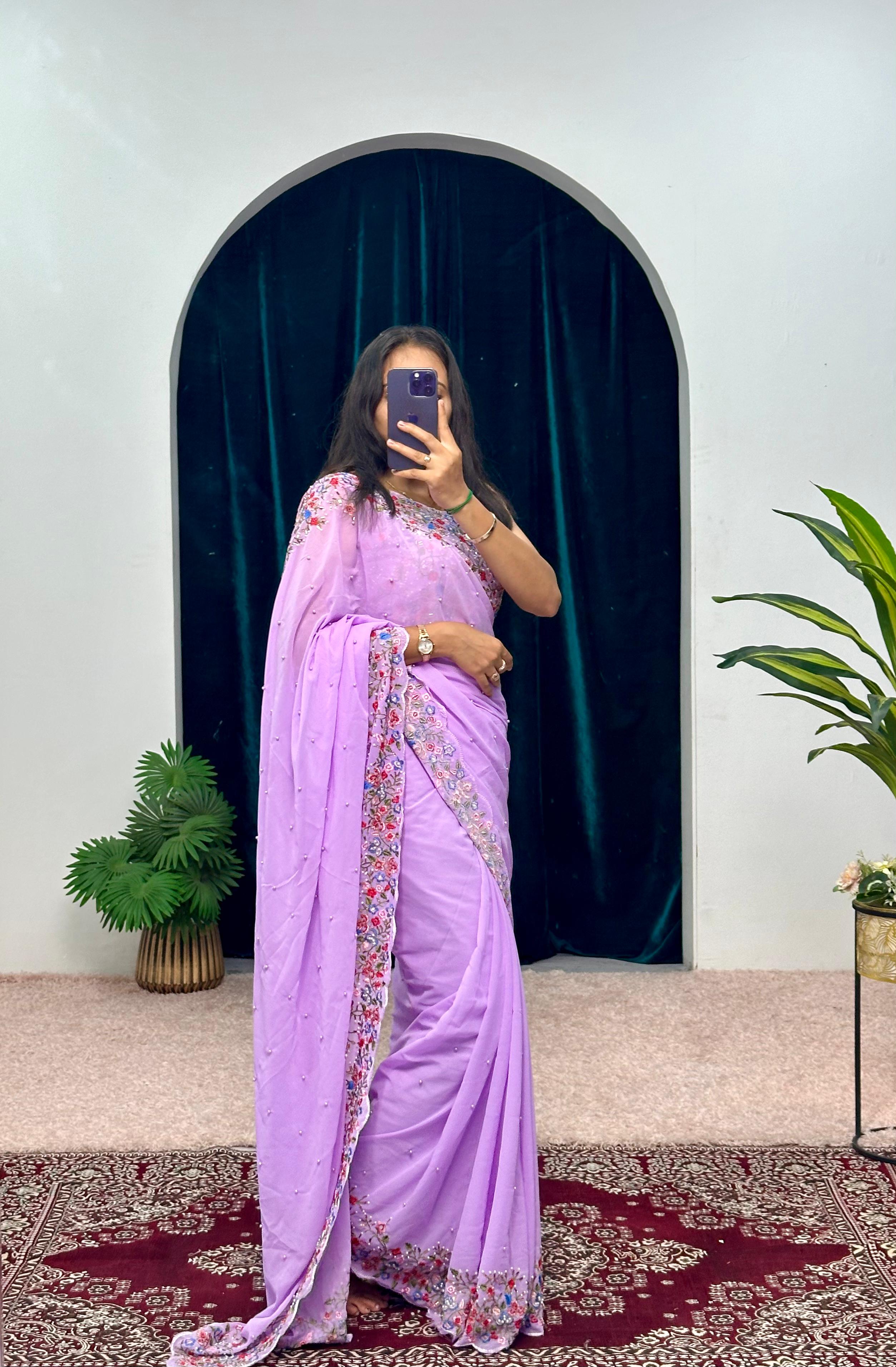 Attractive Purple Color Embroidery Thread And Hand Work Saree