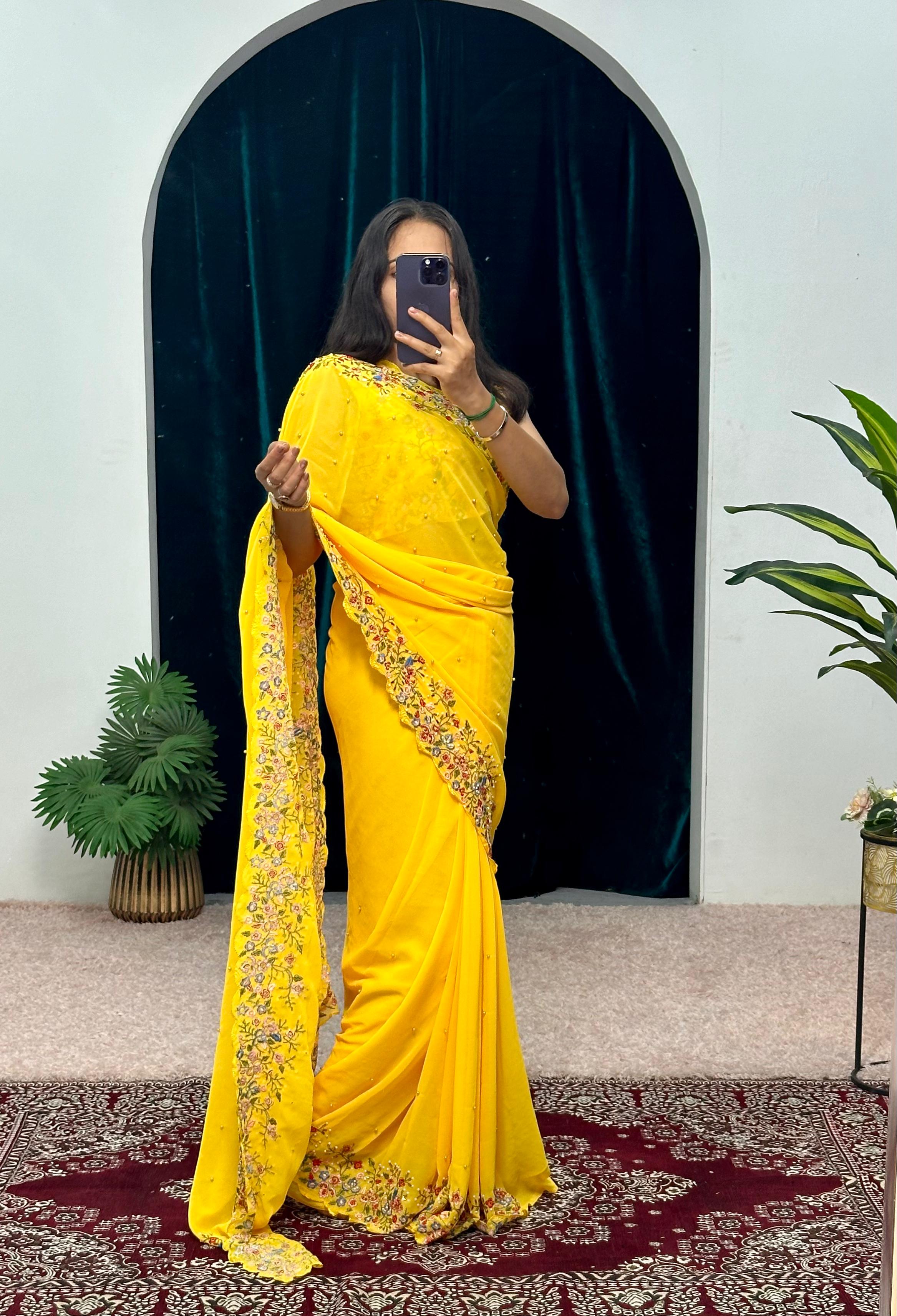 Haldi Special Yellow Color Embroidery Thread And Hand Work Saree