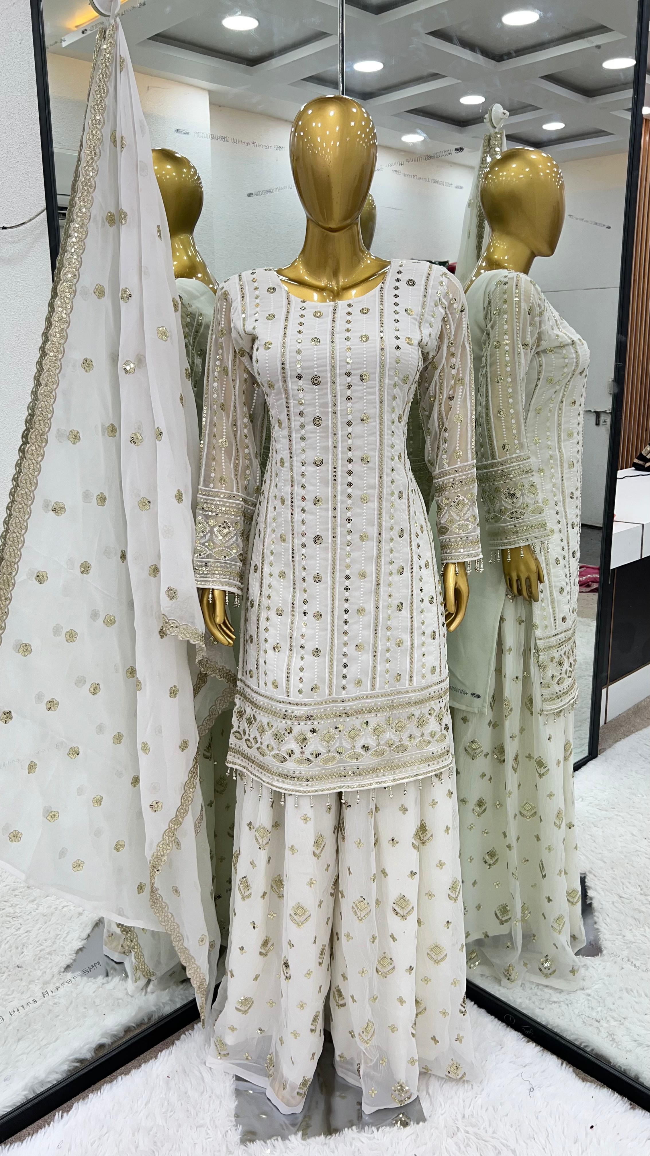 Fashionable White Color Embroidery Sequence Work Designer Sharara Suit