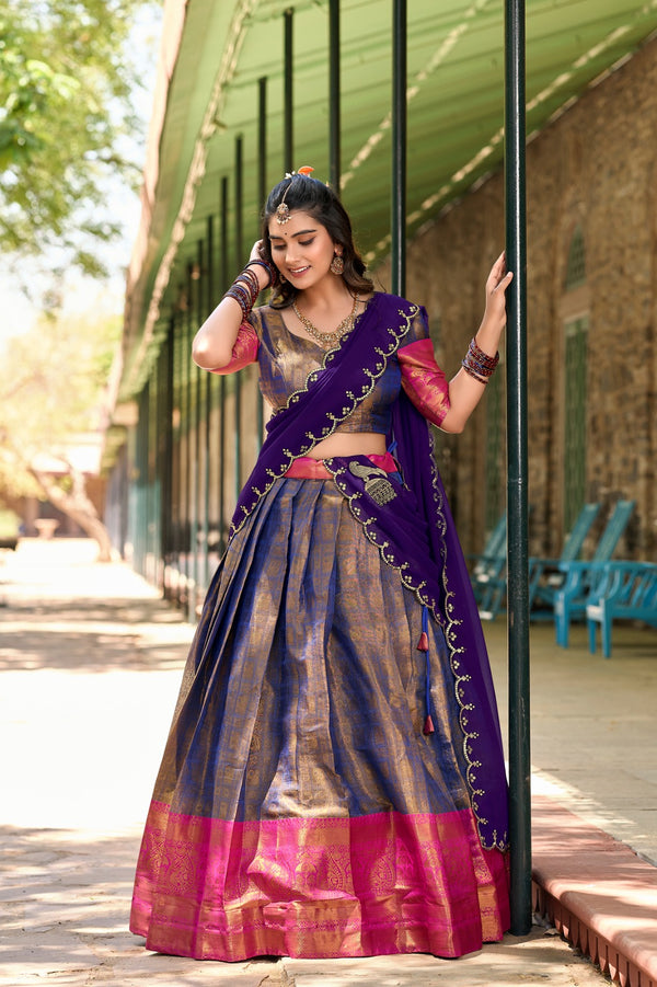 Superb Dusty Blue Zari Weaving Kanchipuram Silk Half Saree Lehenga