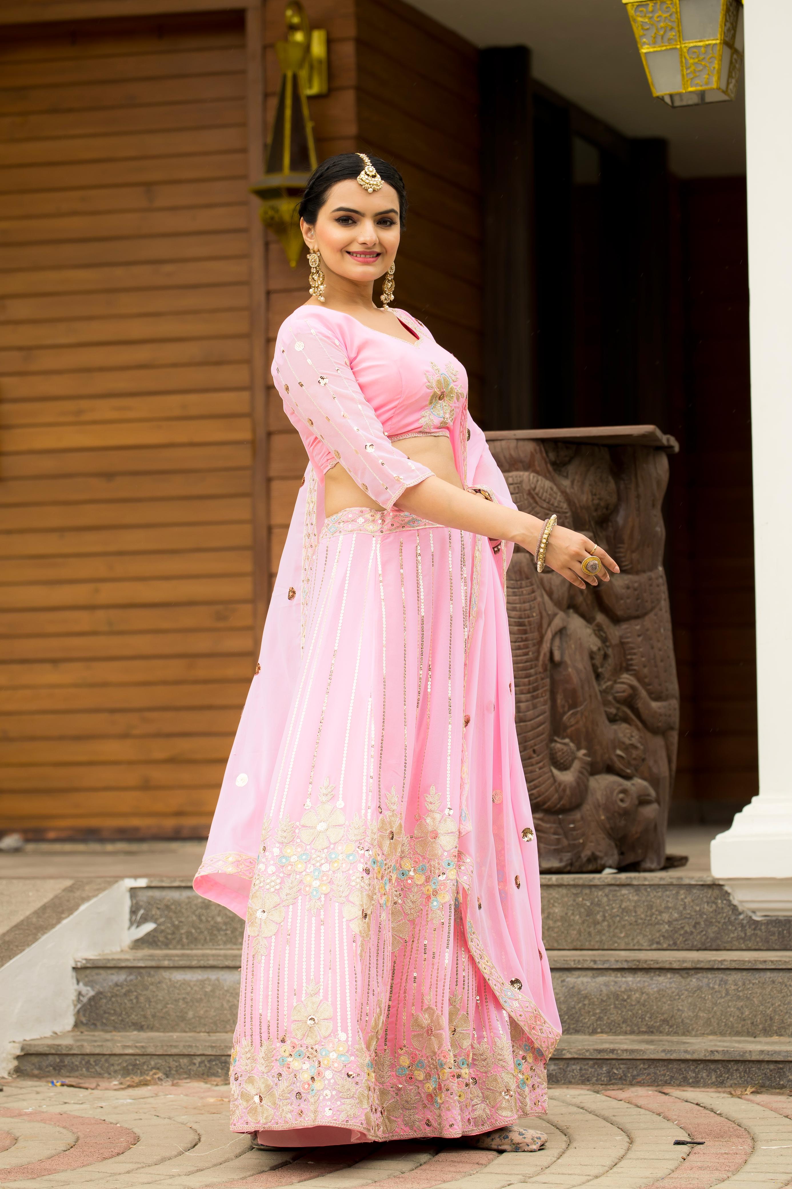 Wedding Wear Georgette Baby Pink Color Lehenga Choli