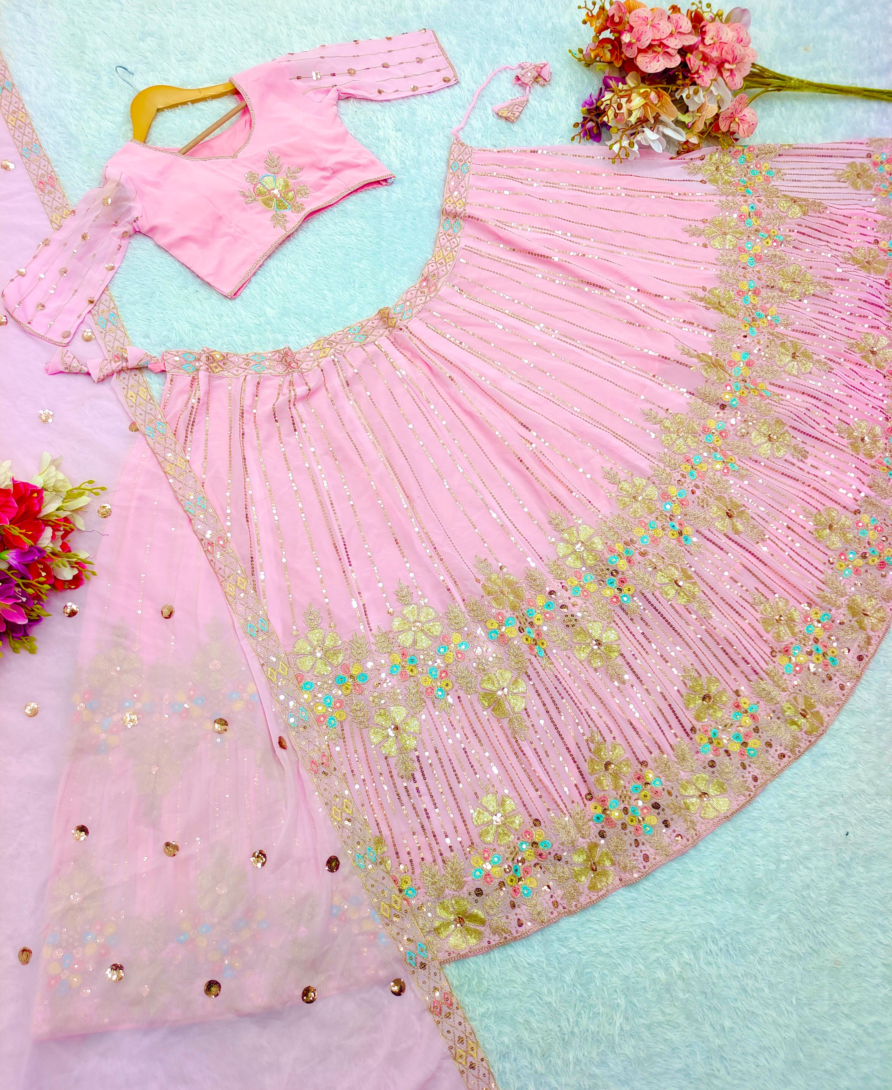 Wedding Wear Georgette Baby Pink Color Lehenga Choli