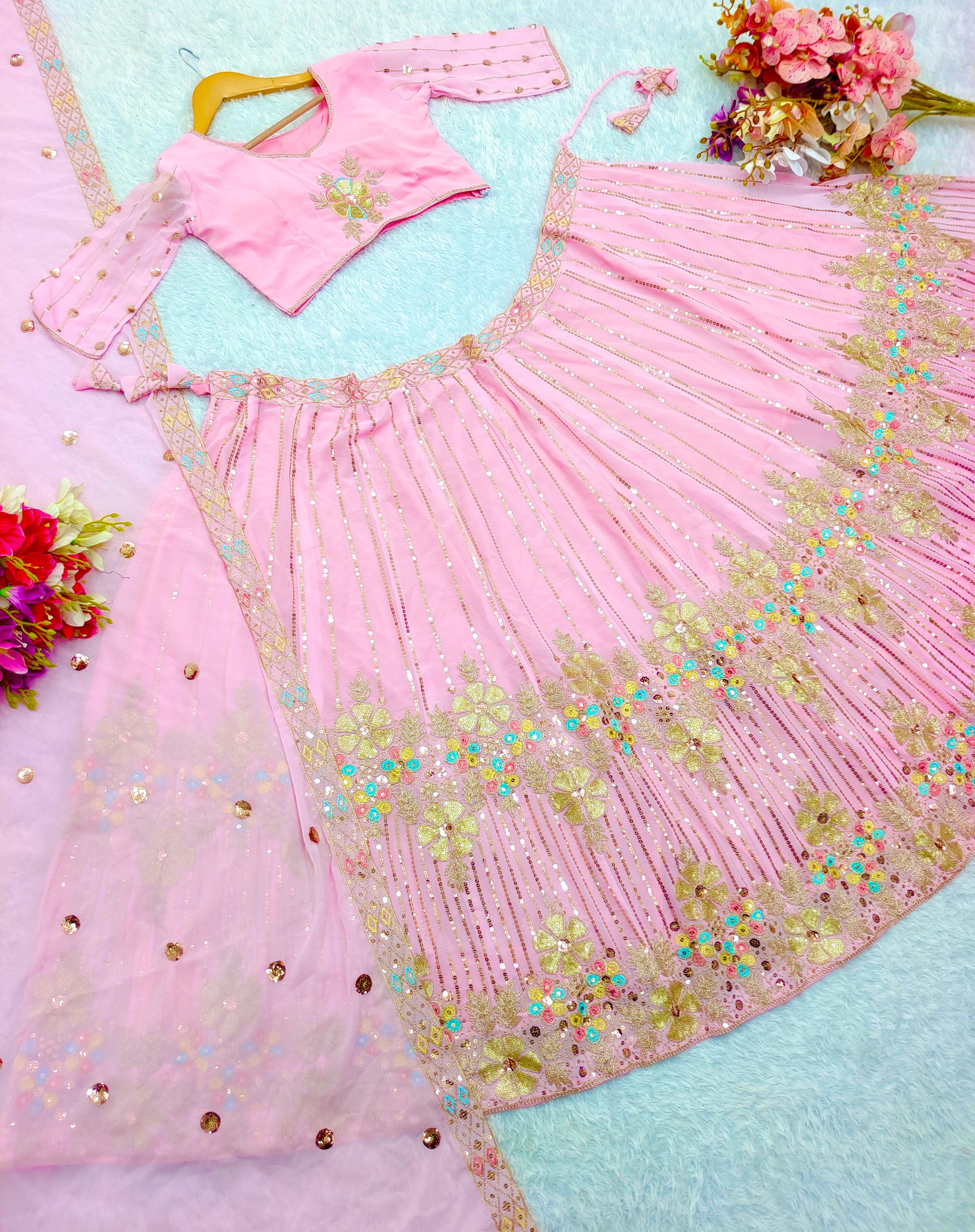 Wedding Wear Georgette Baby Pink Color Lehenga Choli