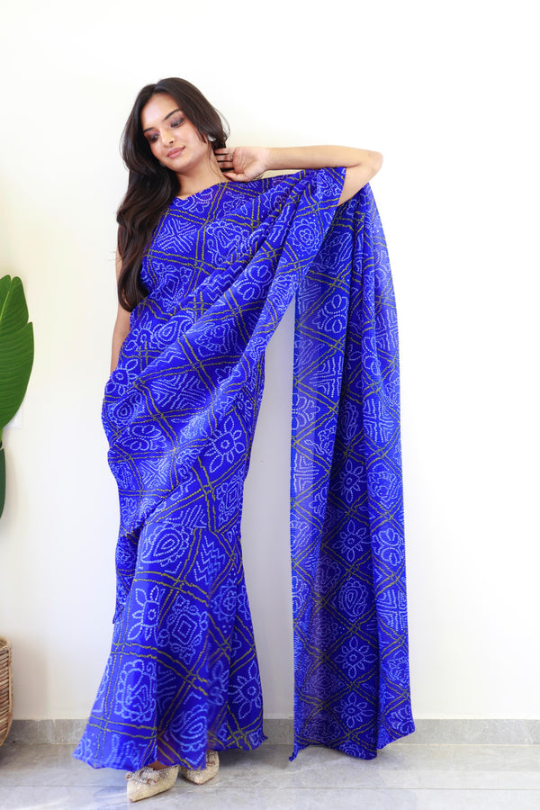 Superhit Blue Color Georgette With Bandhej Print Saree Gown