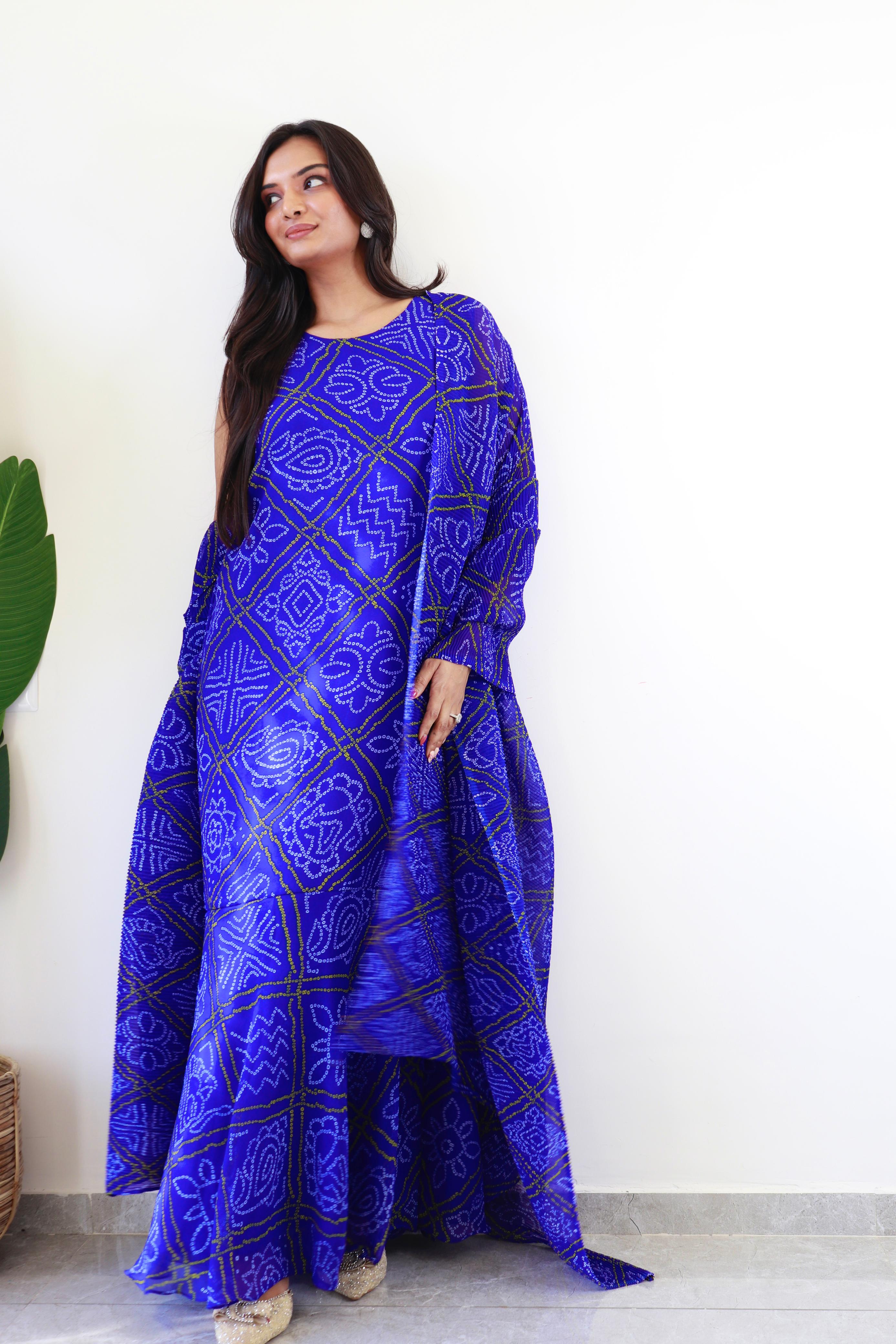 Superhit Blue Color Georgette With Bandhej Print Saree Gown