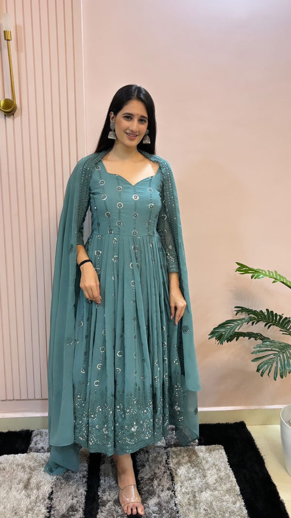 Unique Sequence Work Blue Color Georgette Anarkali Designer Gown