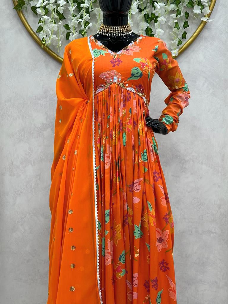 Reception Wear Alia Cut Orange Color Muslin Cotton Anarkali Suit