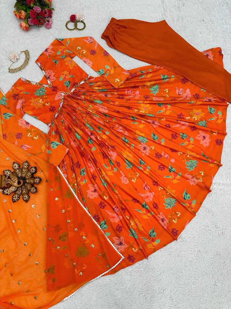 Reception Wear Alia Cut Orange Color Muslin Cotton Anarkali Suit