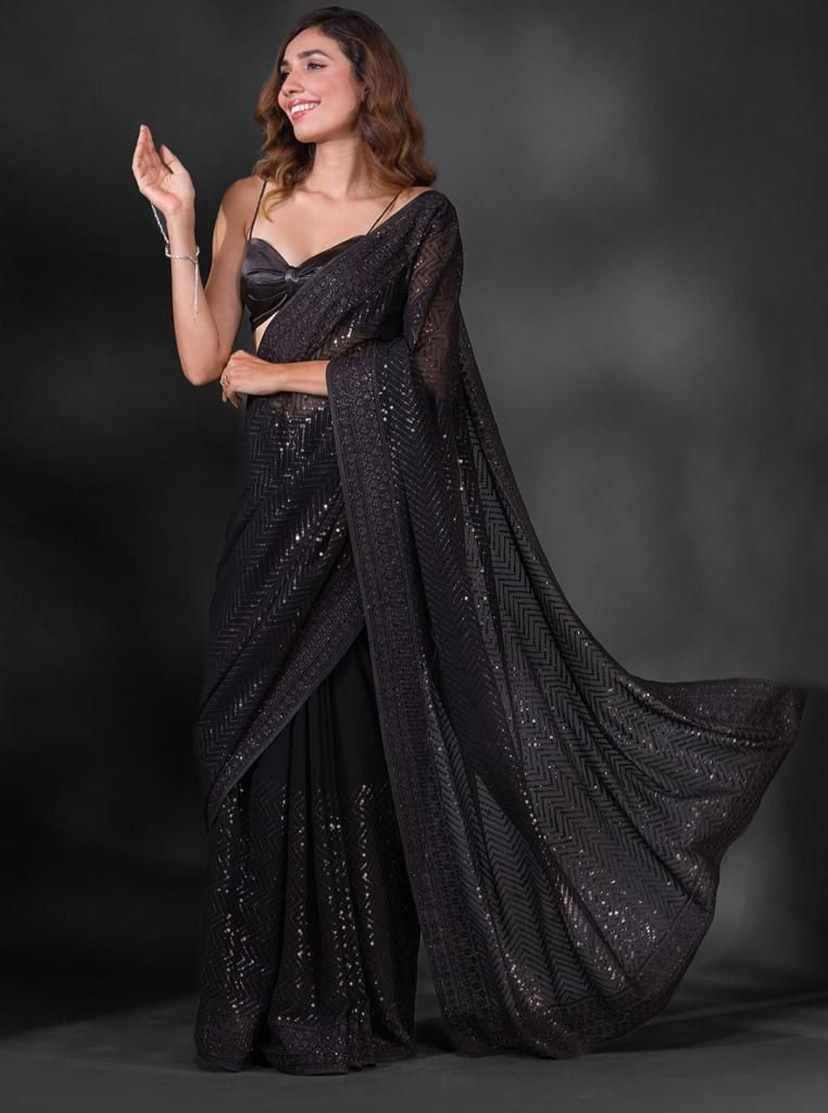 Exclusive Celebrity Style Designer Sequance Work Black Saree