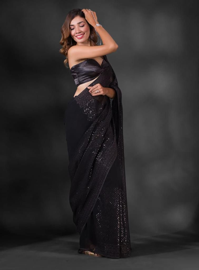 Exclusive Celebrity Style Designer Sequance Work Black Saree