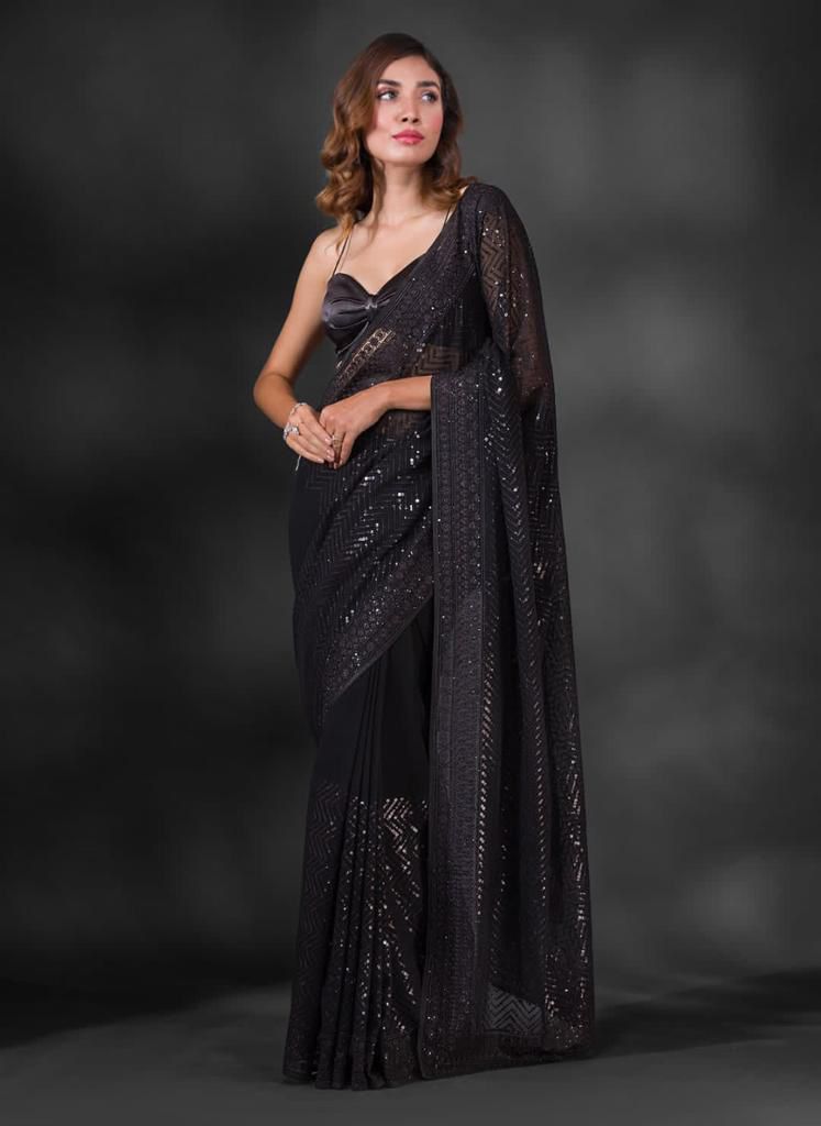 Exclusive Celebrity Style Designer Sequance Work Black Saree