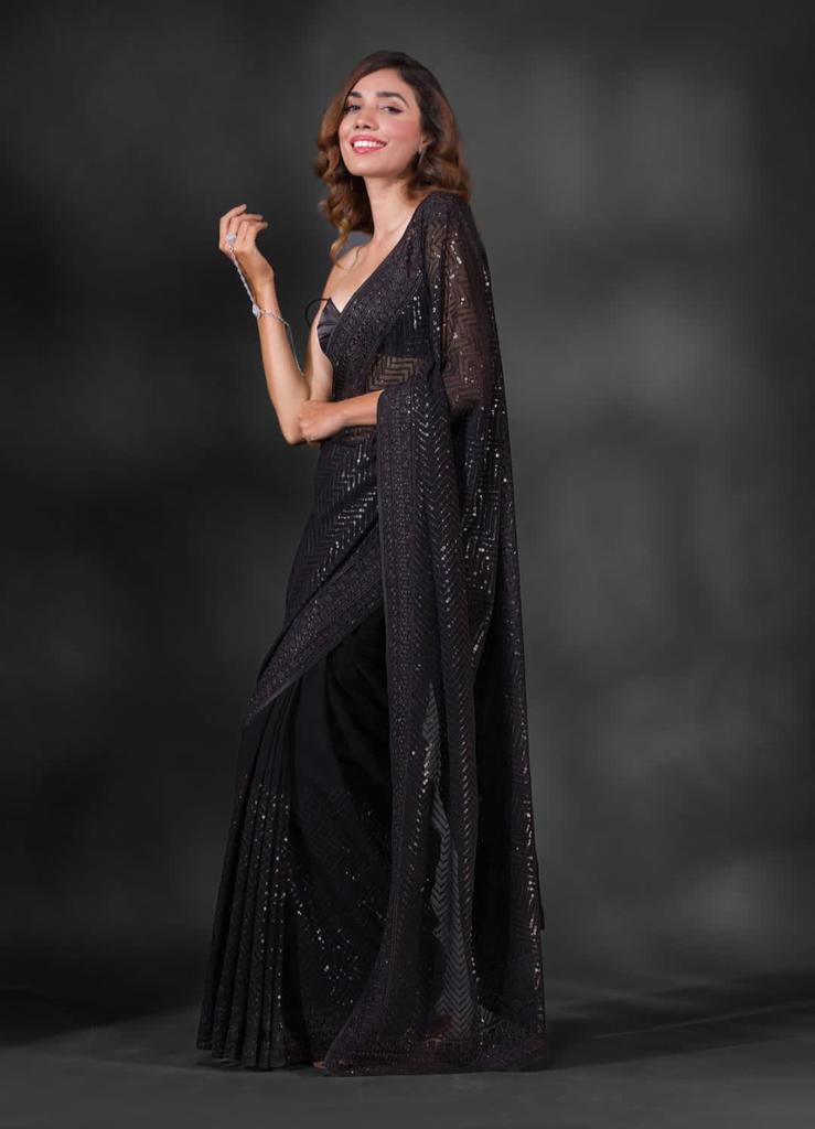 Exclusive Celebrity Style Designer Sequance Work Black Saree