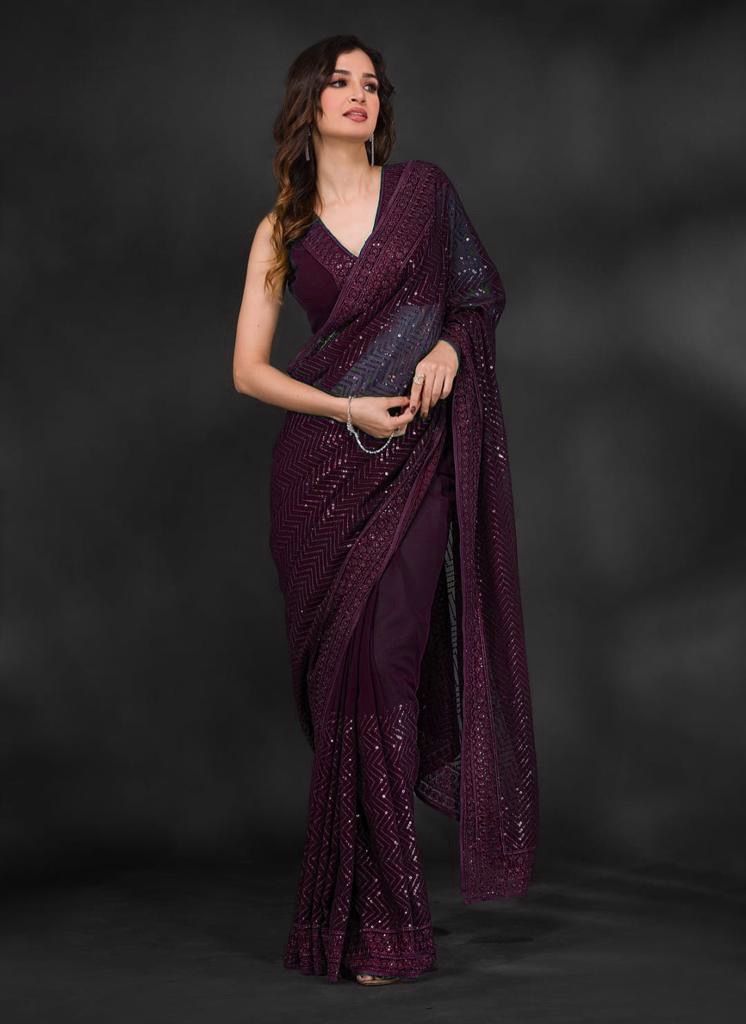 Exclusive Bollywood Style Designer Sequance Work Wine Saree