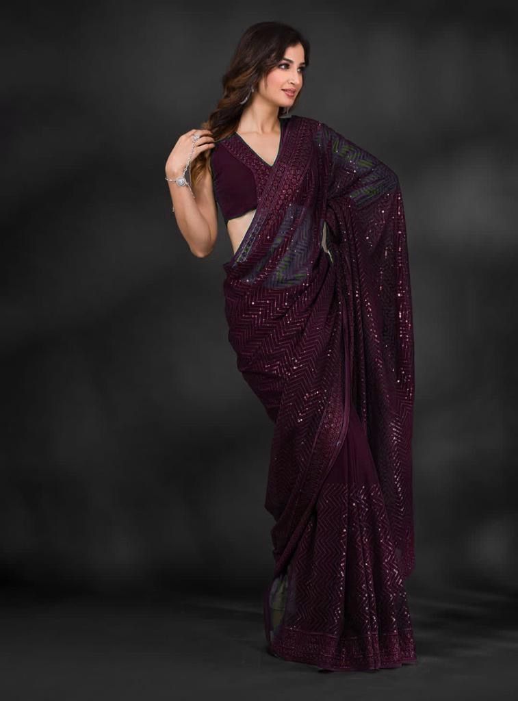 Exclusive Bollywood Style Designer Sequance Work Wine Saree