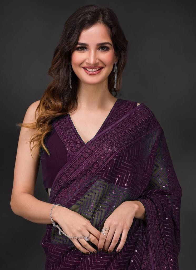 Exclusive Bollywood Style Designer Sequance Work Wine Saree