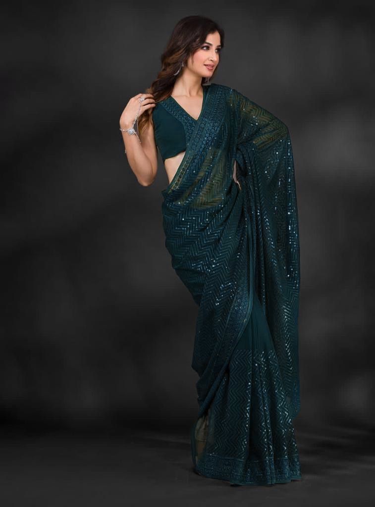 Exclusive Celebrity Style Designer Sequance Work Teal Green Saree