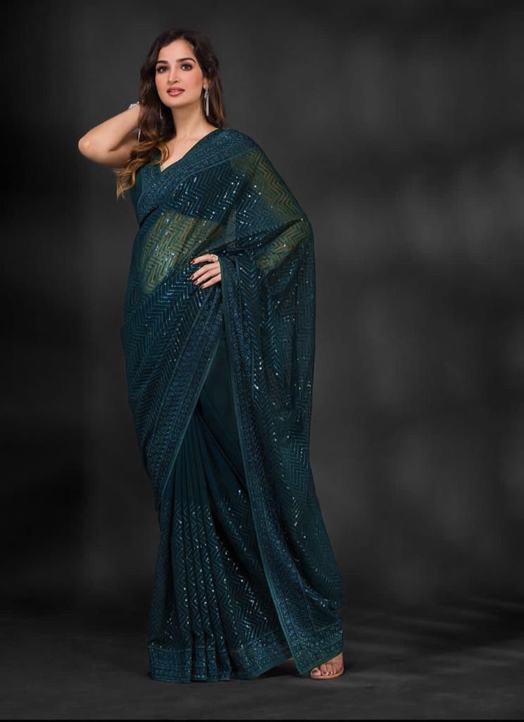 Exclusive Celebrity Style Designer Sequance Work Teal Green Saree