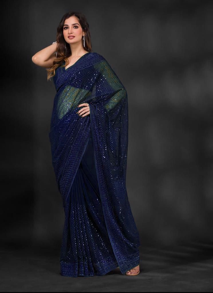 Exclusive Celebrity Style Designer Sequance Work Blue Saree