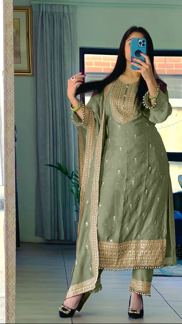 Reception Wear Green Color Chinnon Silk Embroidery Salwar Suit