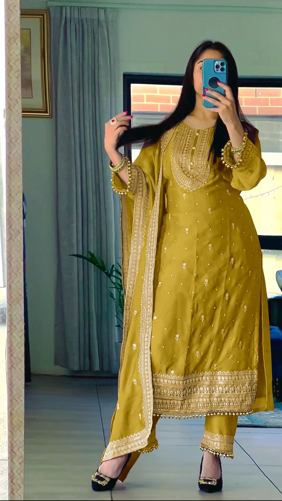 Haldi Special Mustard Color Chinnon Silk Embroidery Salwar Suit