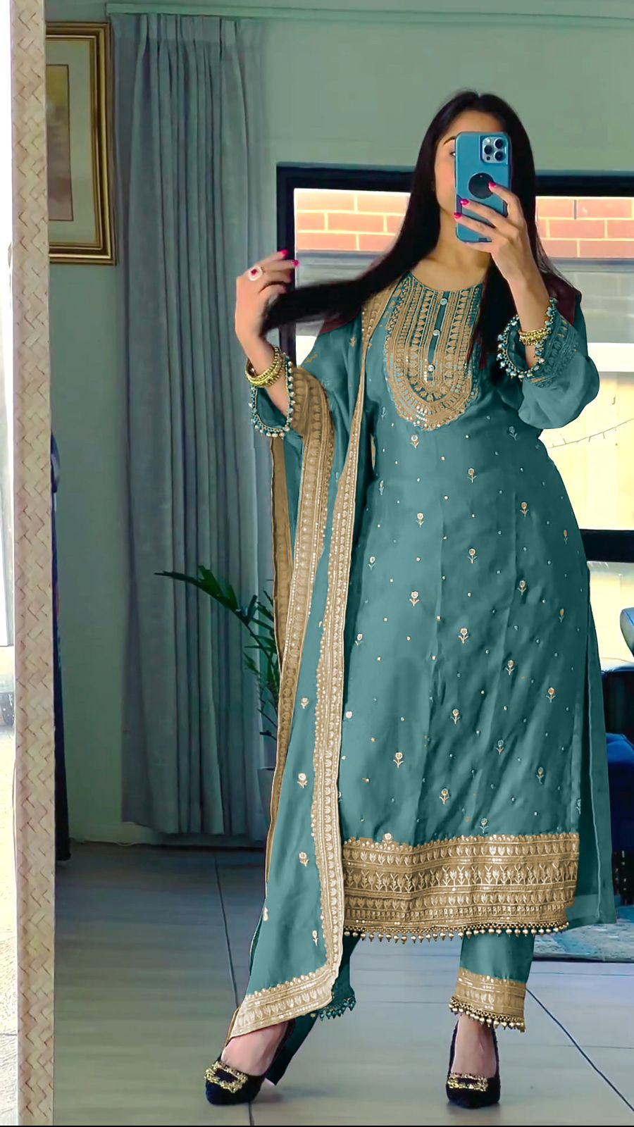 Ceremony Wear Blue Color Chinnon Silk Embroidery Salwar Suit