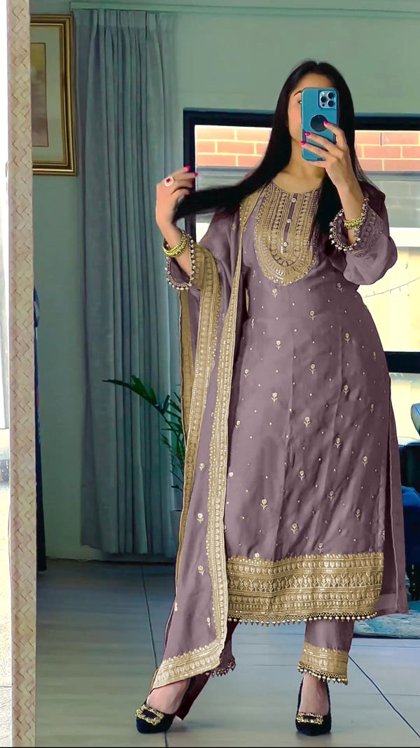 Marriage Special Purple Color Chinnon Silk Embroidery Salwar Suit