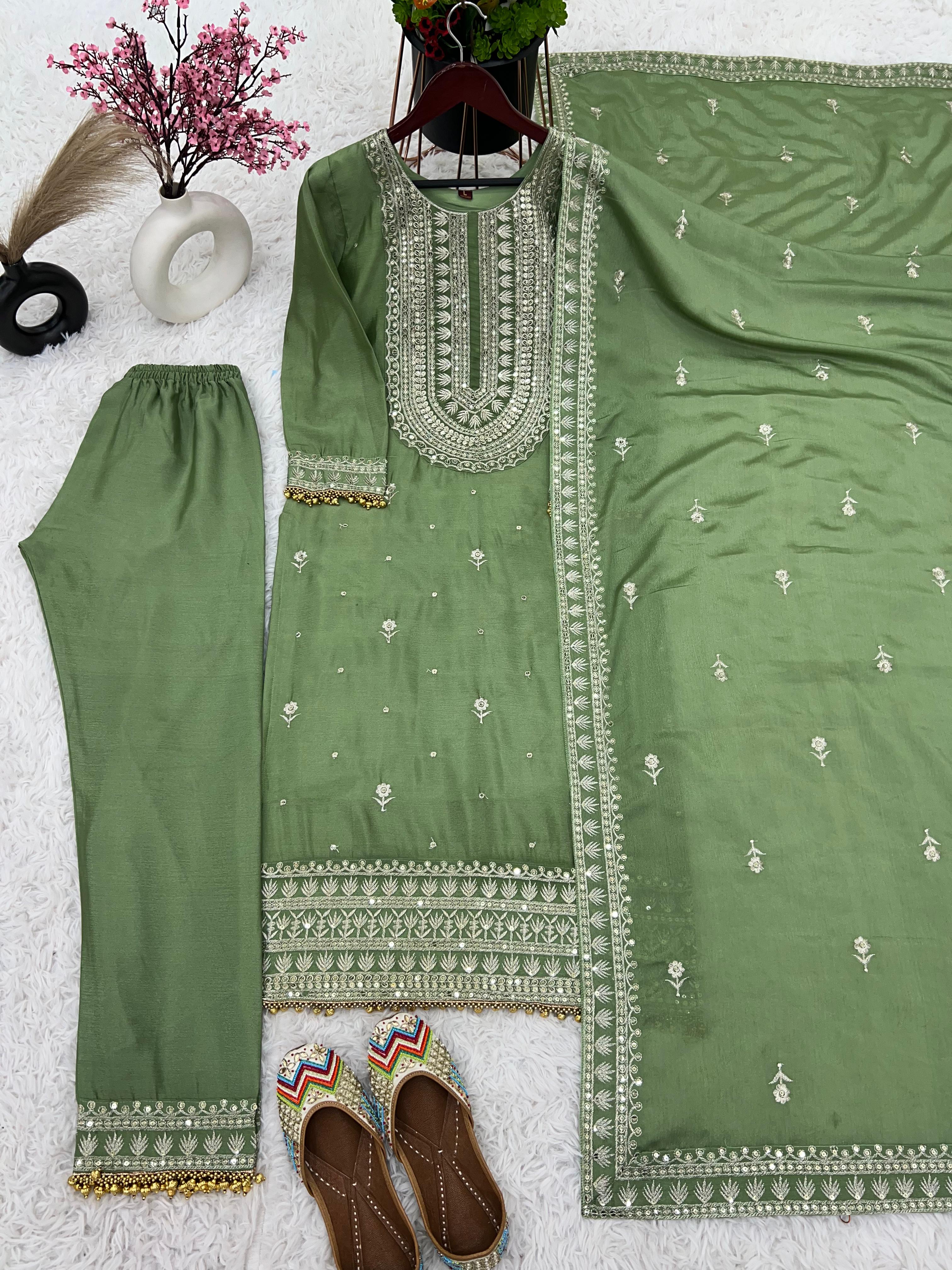 Reception Wear Green Color Chinnon Silk Embroidery Salwar Suit