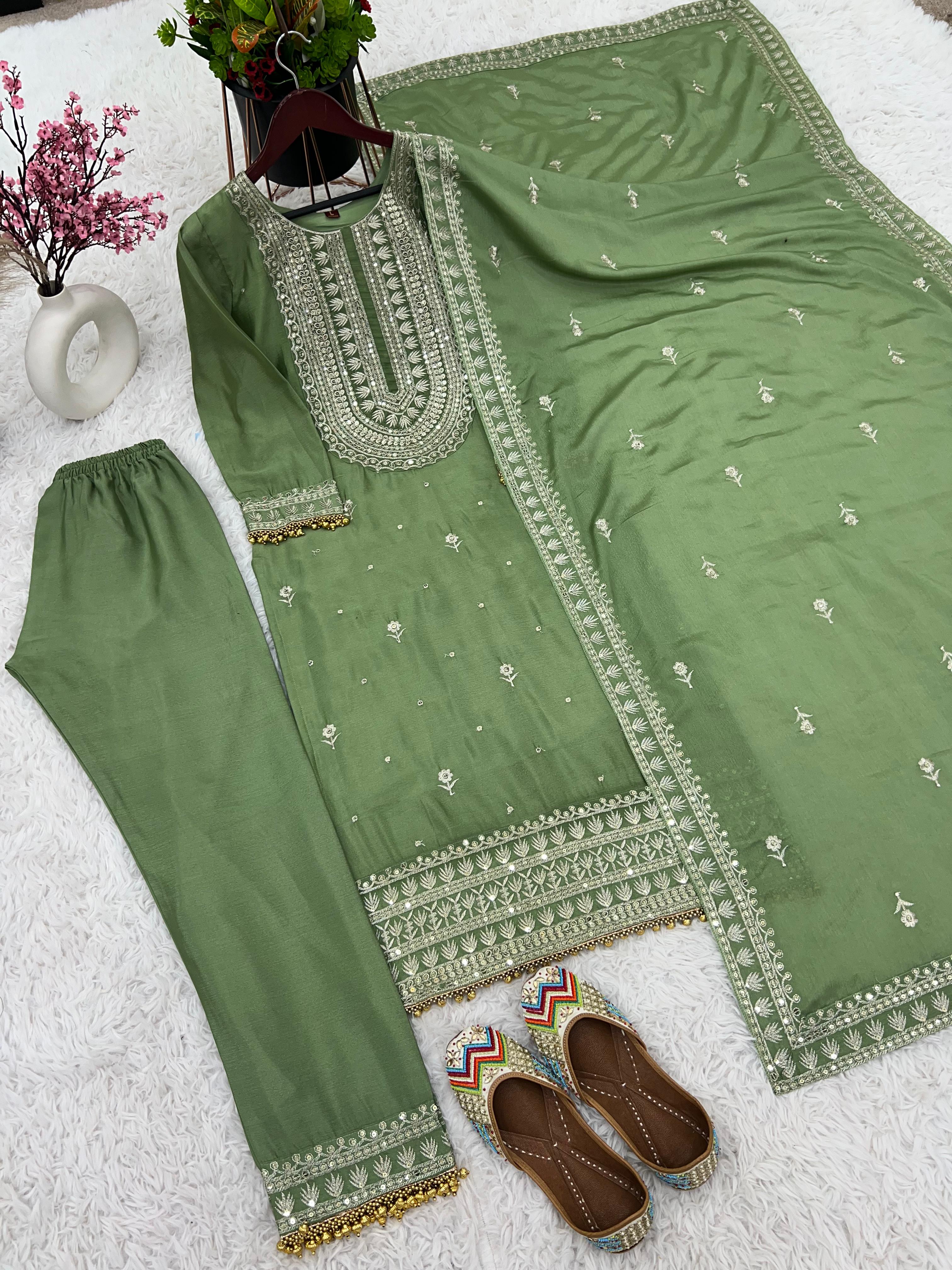 Reception Wear Green Color Chinnon Silk Embroidery Salwar Suit