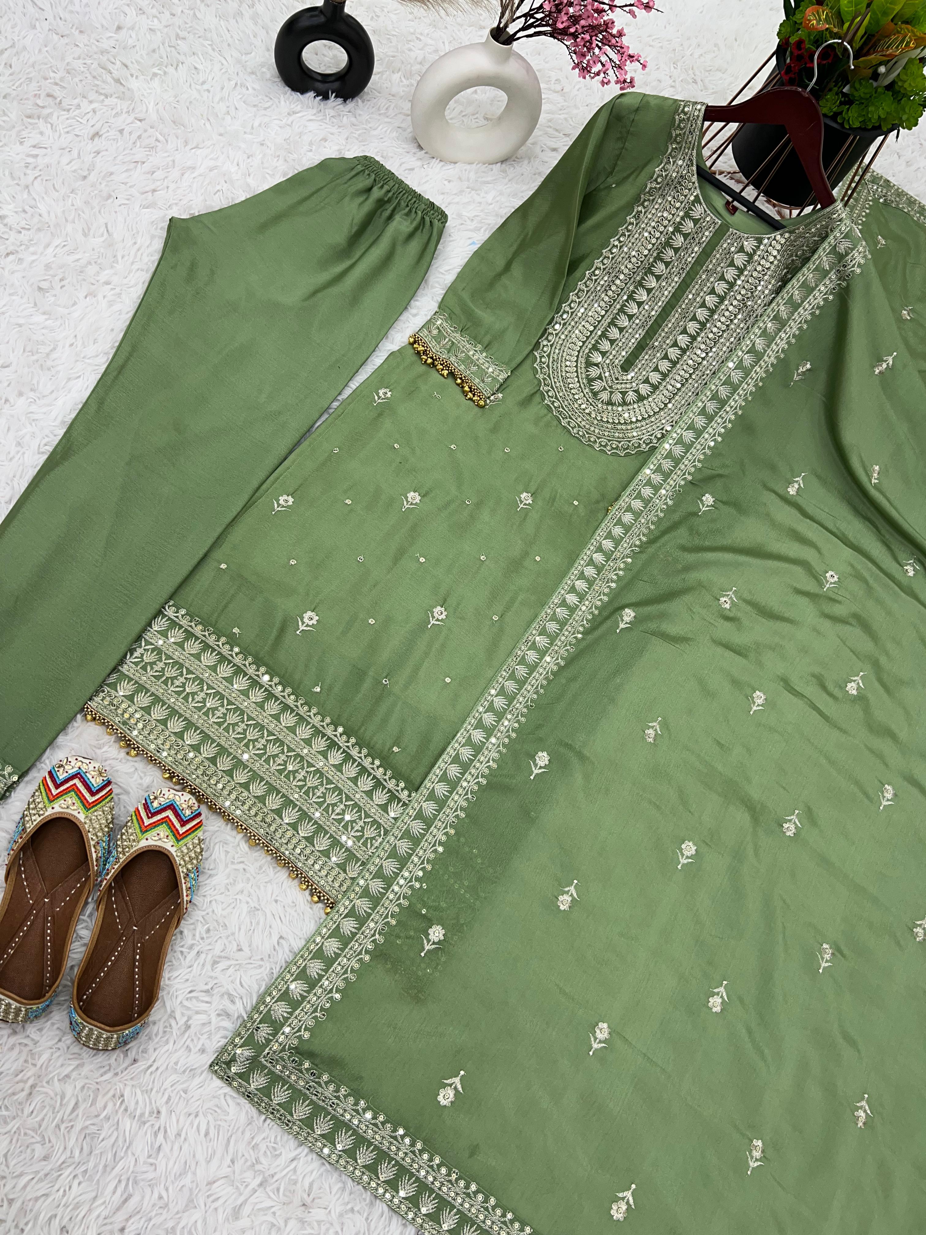 Reception Wear Green Color Chinnon Silk Embroidery Salwar Suit