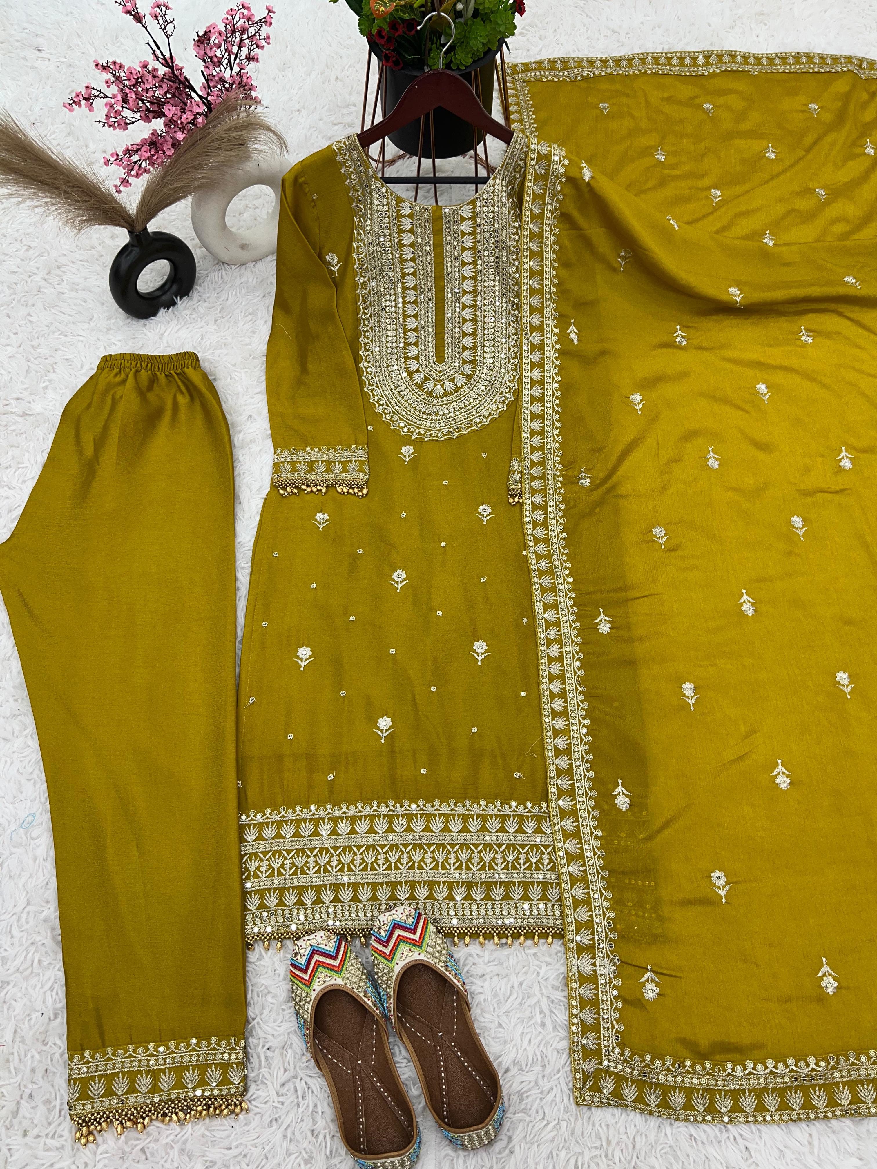 Haldi Special Mustard Color Chinnon Silk Embroidery Salwar Suit